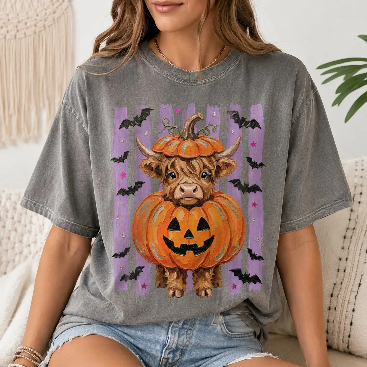 Comfort Colors Highland Cow Jack o Lantern Pumpkin Teens Short Sleeve Halloween Night