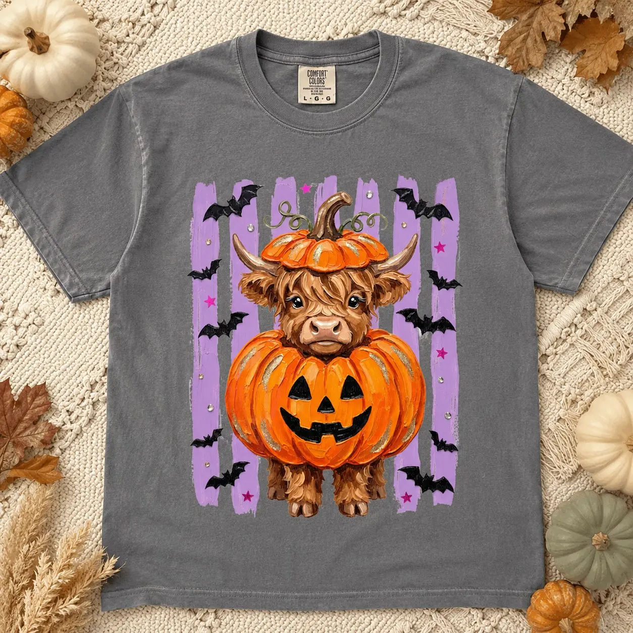 Comfort Colors Highland Cow Jack o Lantern Pumpkin Teens Short Sleeve Halloween Night - photo 2