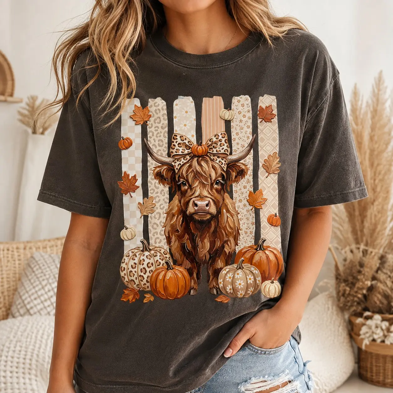 Comfort Colors Highland Cow Leopard Bow Patterned Pumpkins Women Vintage Shirts Thanksgiving Day