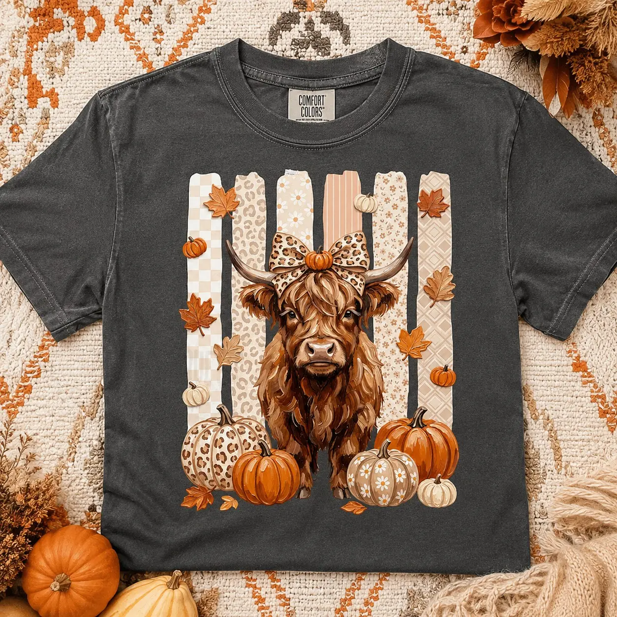 Comfort Colors Highland Cow Leopard Bow Patterned Pumpkins Women Vintage Shirts Thanksgiving Day - photo 2