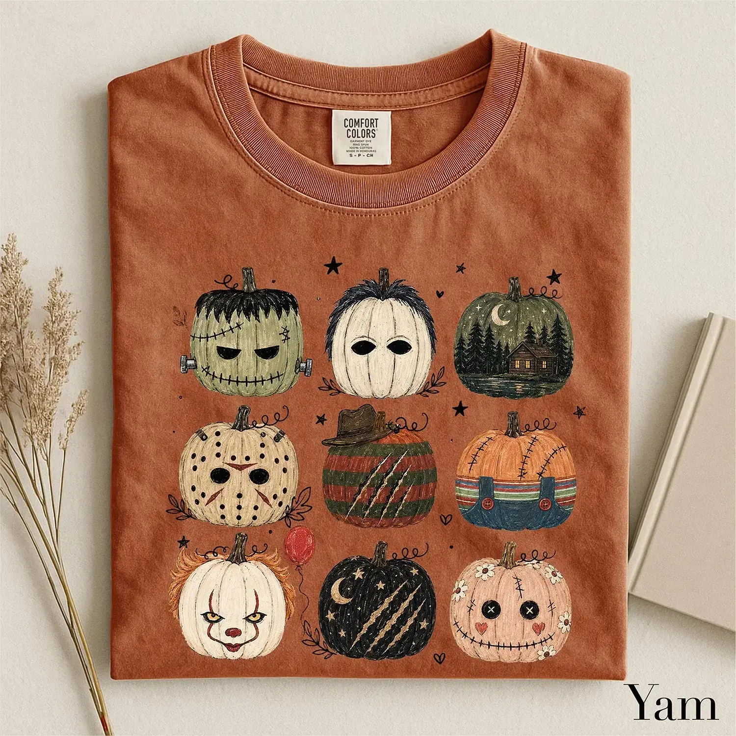 Comfort Colors Horror Pumpkin Shirt for Women, Cute Scary Spooky Halloween Character Retro Fall Graphic Top