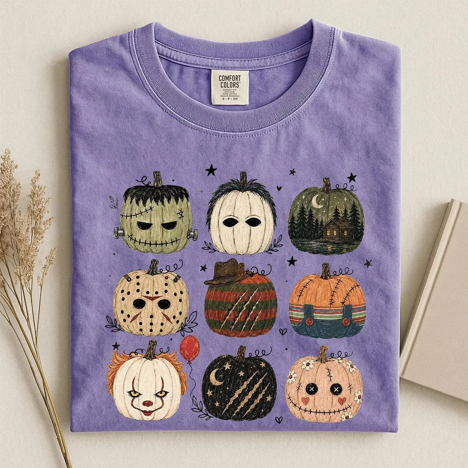 Comfort Colors Horror Pumpkin Shirt for Women, Cute Scary Spooky Halloween Character Retro Fall Graphic Top - photo 2