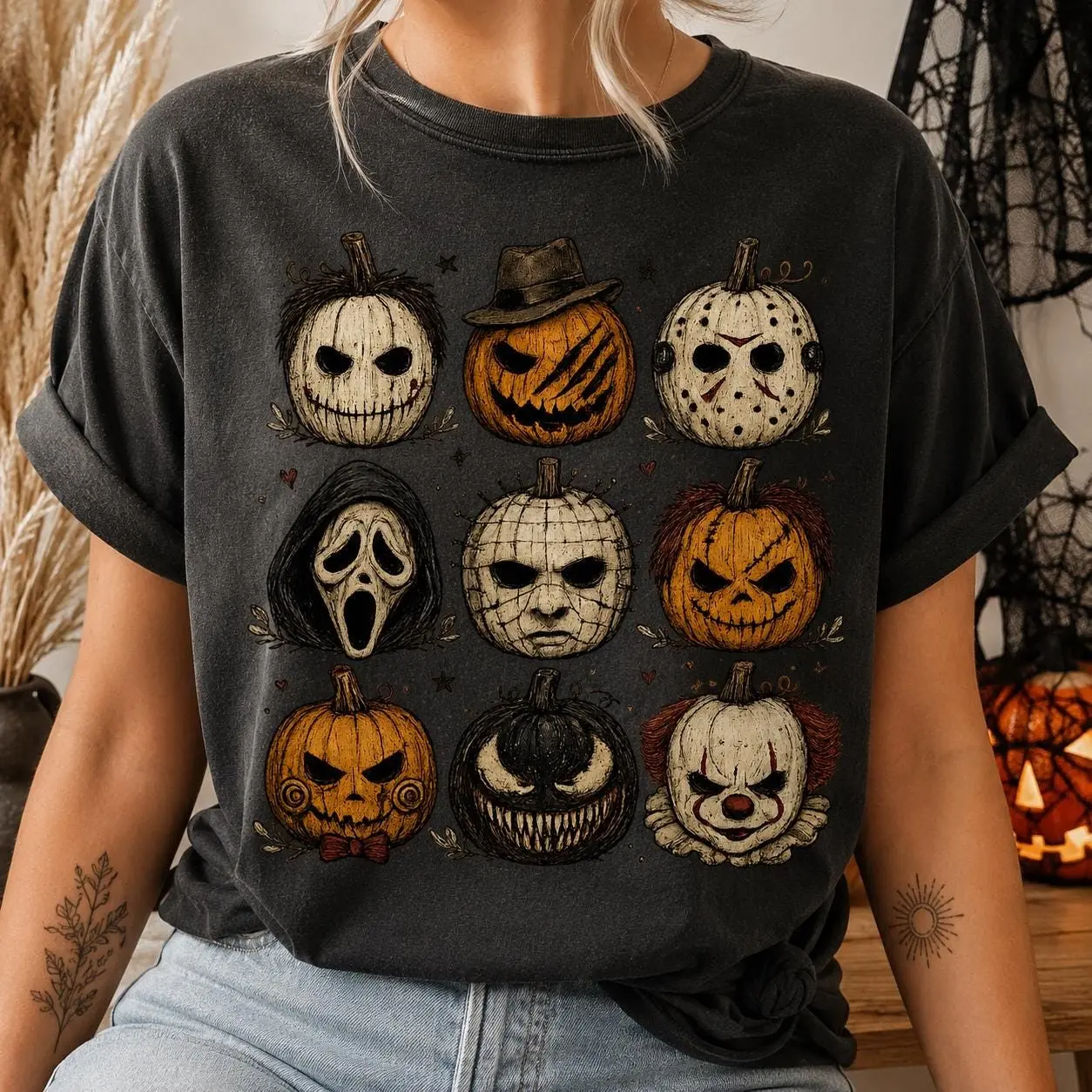 Comfort Colors Horror Pumpkin T-Shirt, Cute Scary Spooky Halloween Character Tee, Retro Fall Graphic Top