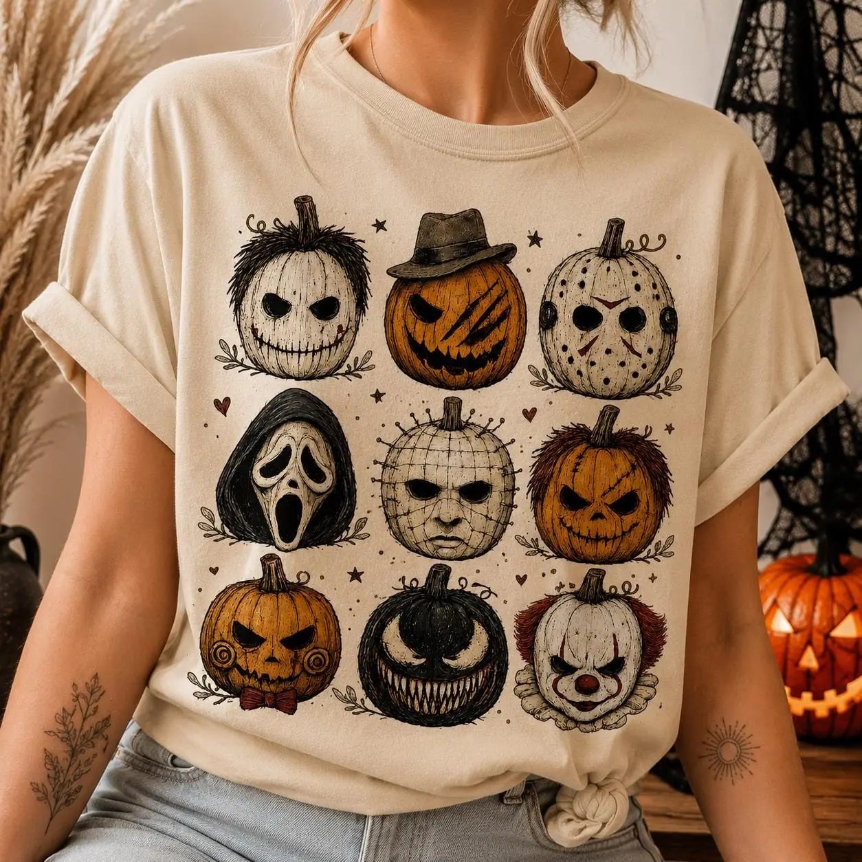 Comfort Colors Horror Pumpkin T-Shirt, Cute Scary Spooky Halloween Character Tee, Retro Fall Graphic Top - photo 2