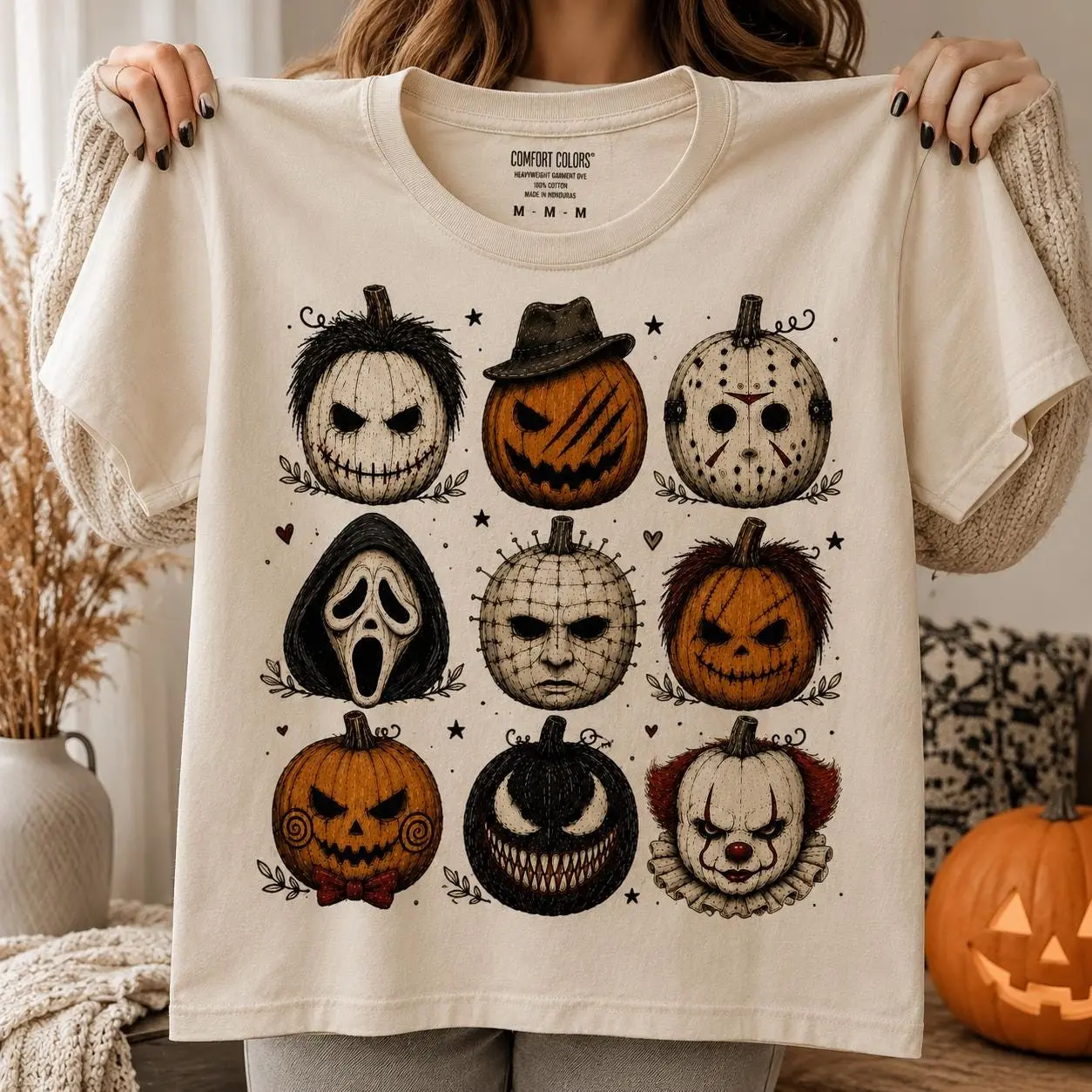 Comfort Colors Horror Pumpkin T-Shirt, Cute Scary Spooky Halloween Character Tee, Retro Fall Graphic Top - photo 3