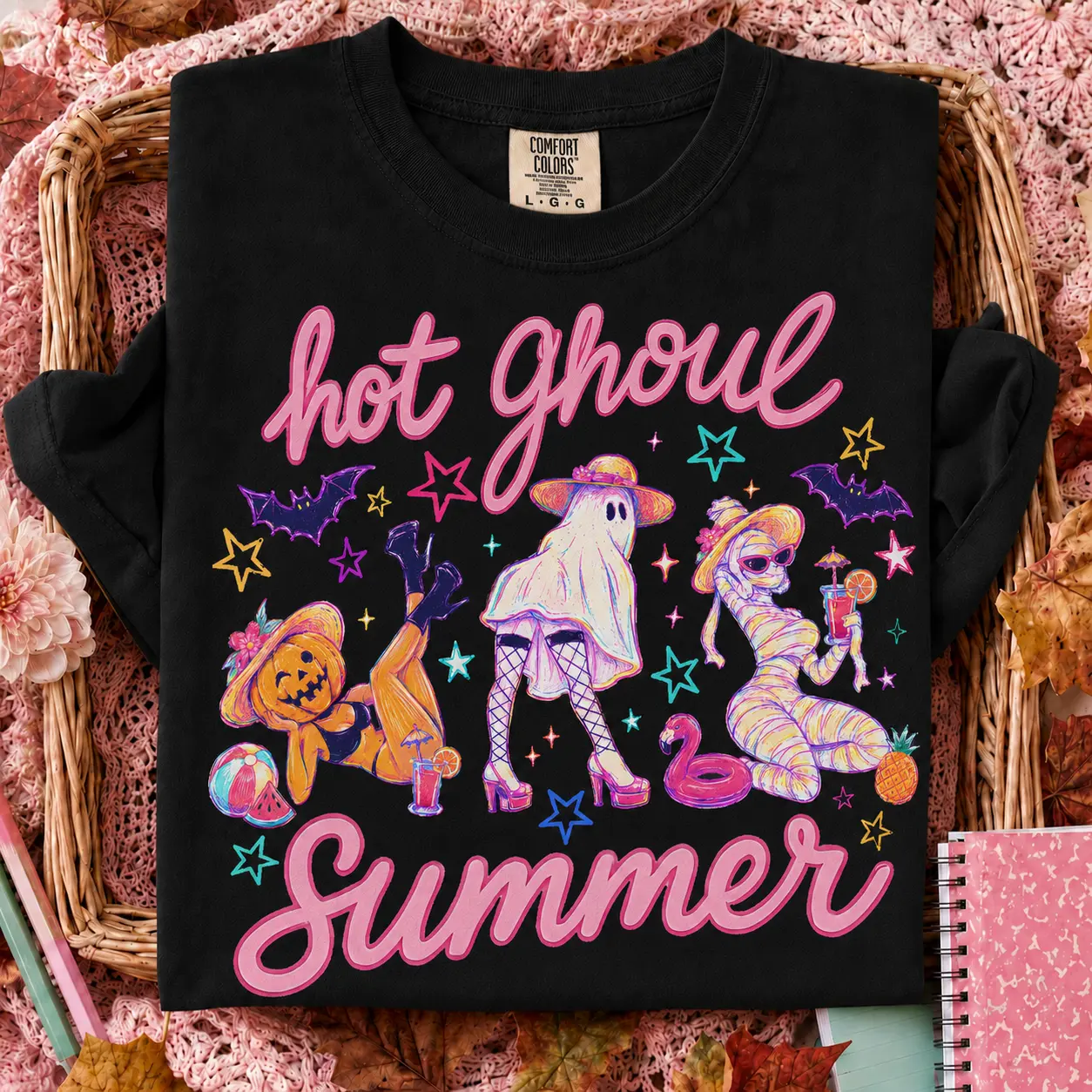 Comfort Colors Hot Ghoul Summer Shirt, Funny Girly Ghost Halloween Cocktail Graphic Tee