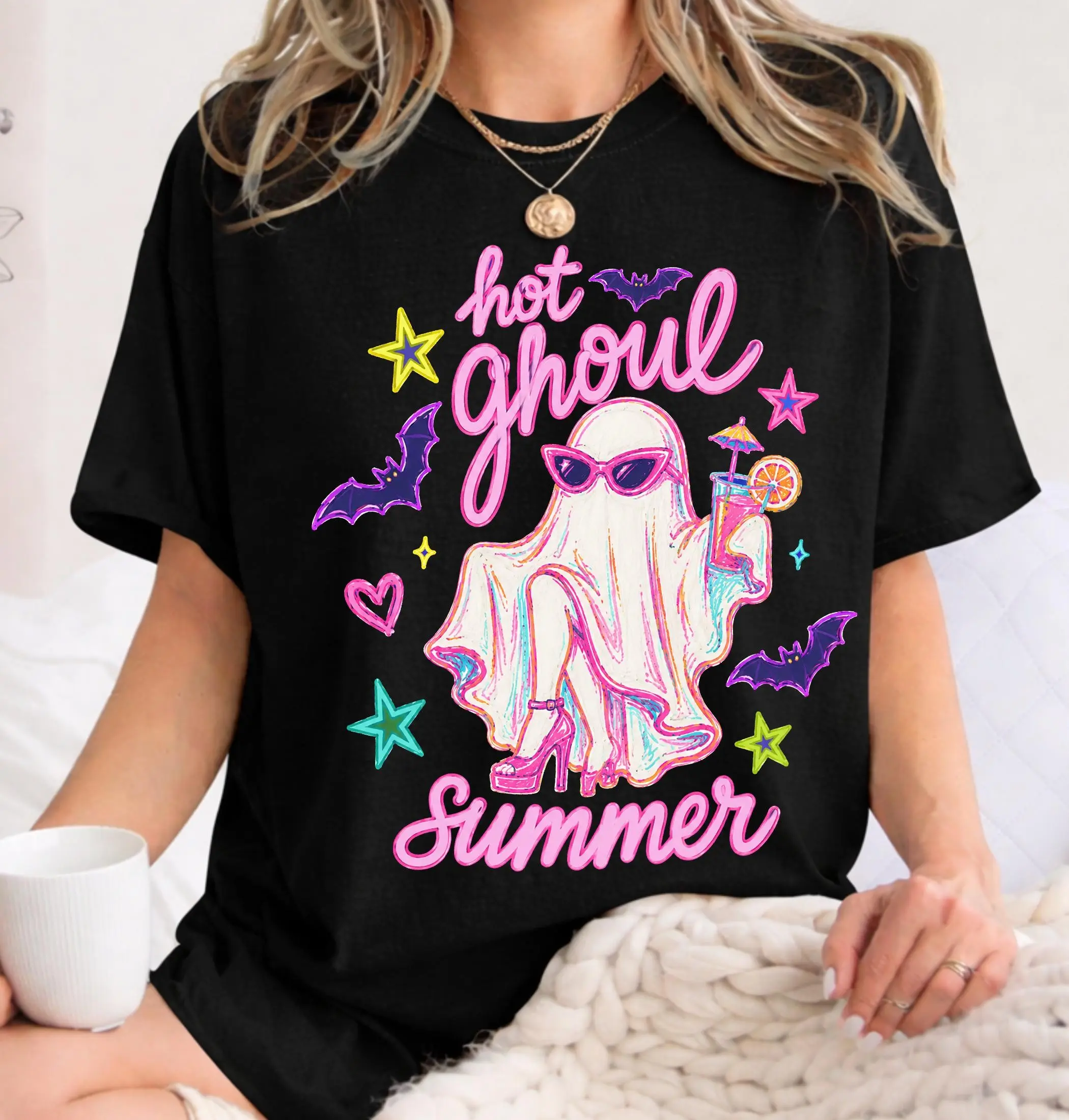 Comfort Colors Hot Ghoul Summer Shirt, Spooky Summerween Girl Tee, Funny Ghost Halloween Cocktail Graphic Top - photo 2