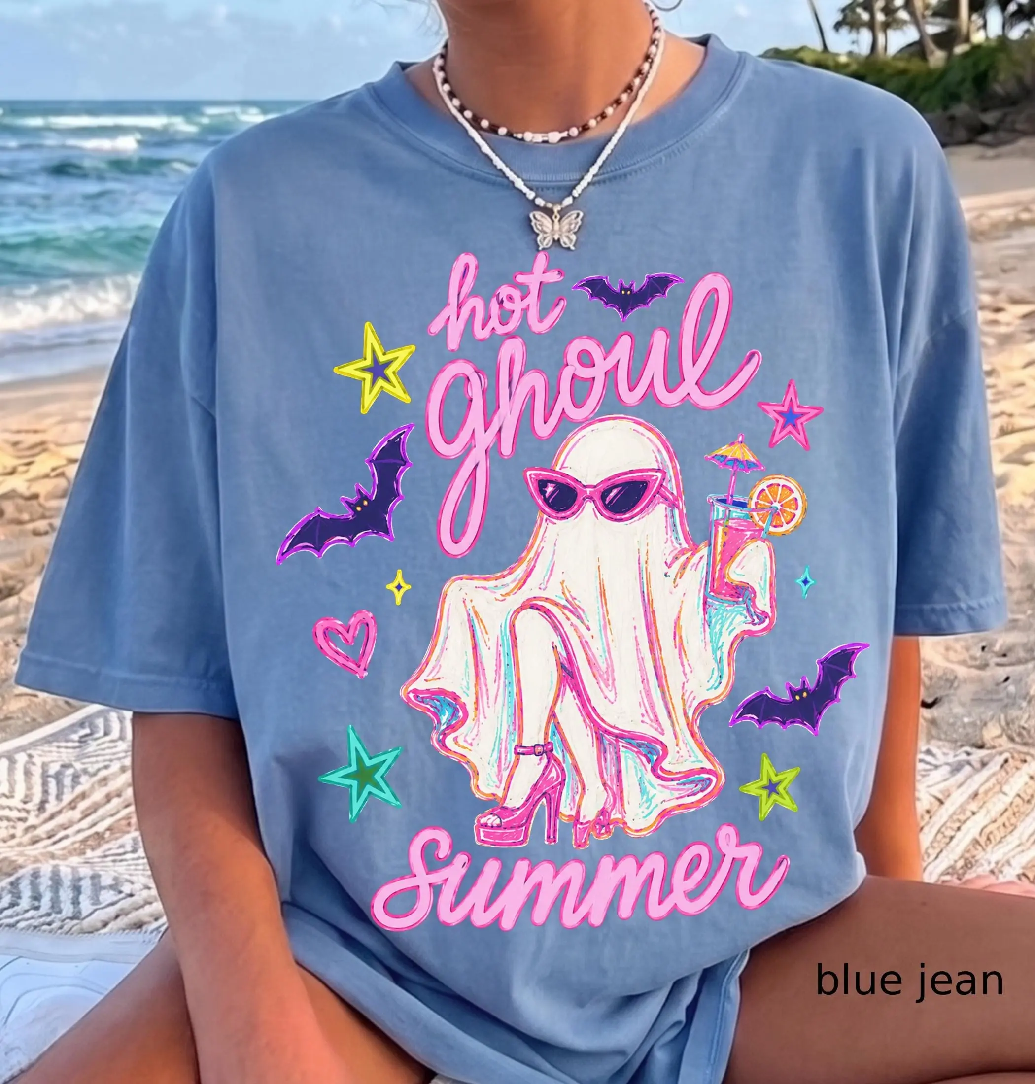 Comfort Colors Hot Ghoul Summer Shirt, Spooky Summerween Girl Tee, Funny Ghost Halloween Cocktail Graphic Top - photo 3