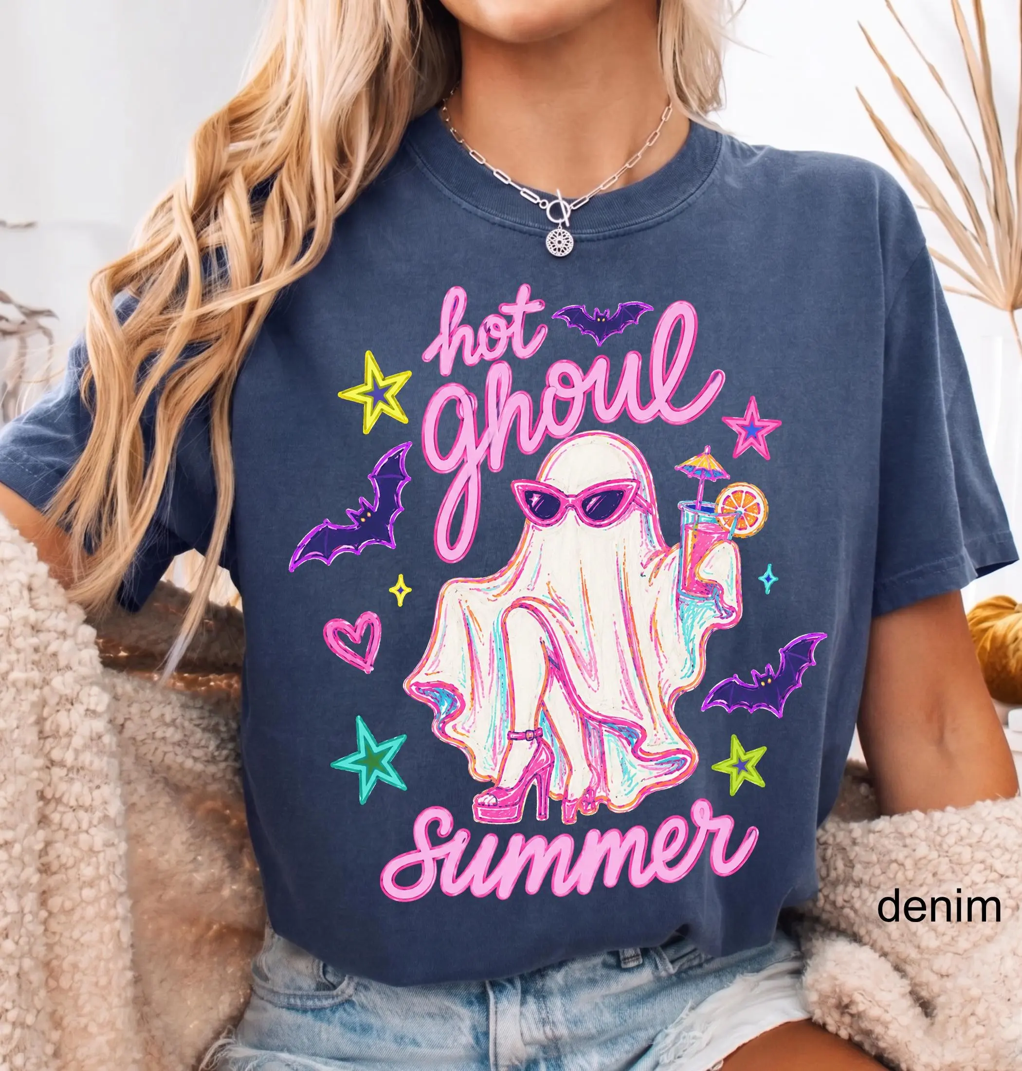 Comfort Colors Hot Ghoul Summer Shirt, Spooky Summerween Girl Tee, Funny Ghost Halloween Cocktail Graphic Top - photo 4