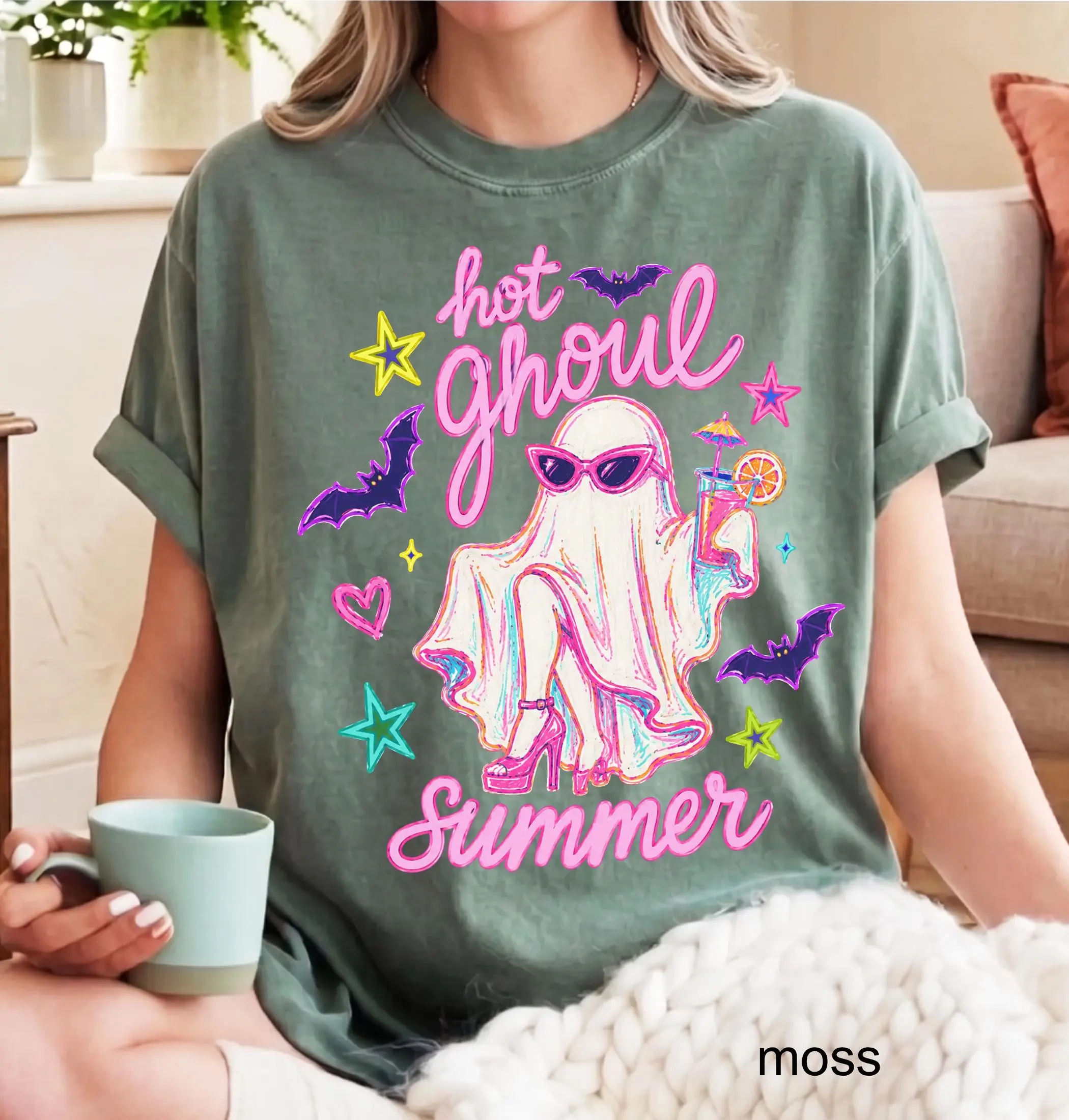 Comfort Colors Hot Ghoul Summer Shirt, Spooky Summerween Girl Tee, Funny Ghost Halloween Cocktail Graphic Top - photo 5