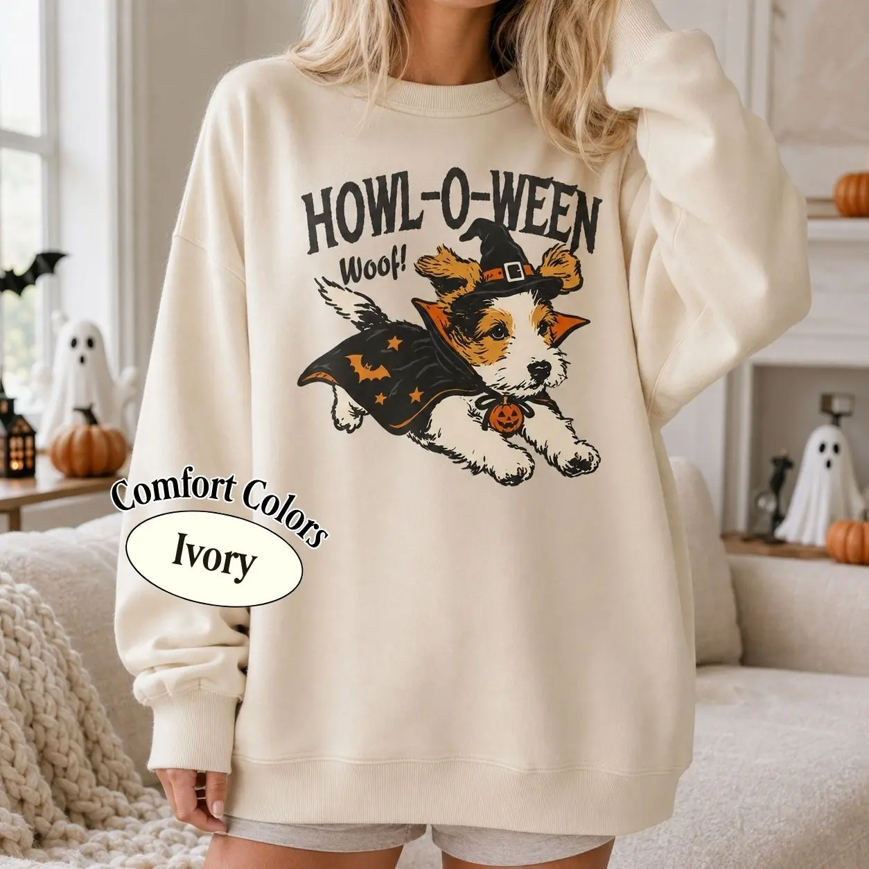 Comfort Colors Howl-O-Ween Dog Shirt, Cute Witch Puppy Halloween Tee, Funny Spooky Mom Fall Gift - photo 2