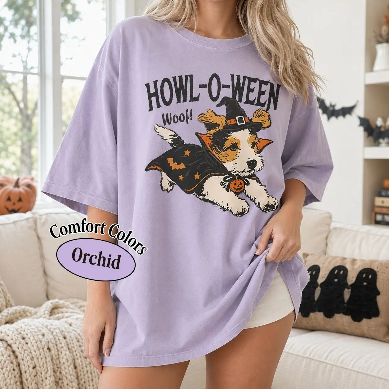 Comfort Colors Howl-O-Ween Dog Shirt, Cute Witch Puppy Halloween Tee, Funny Spooky Mom Fall Gift - photo 3
