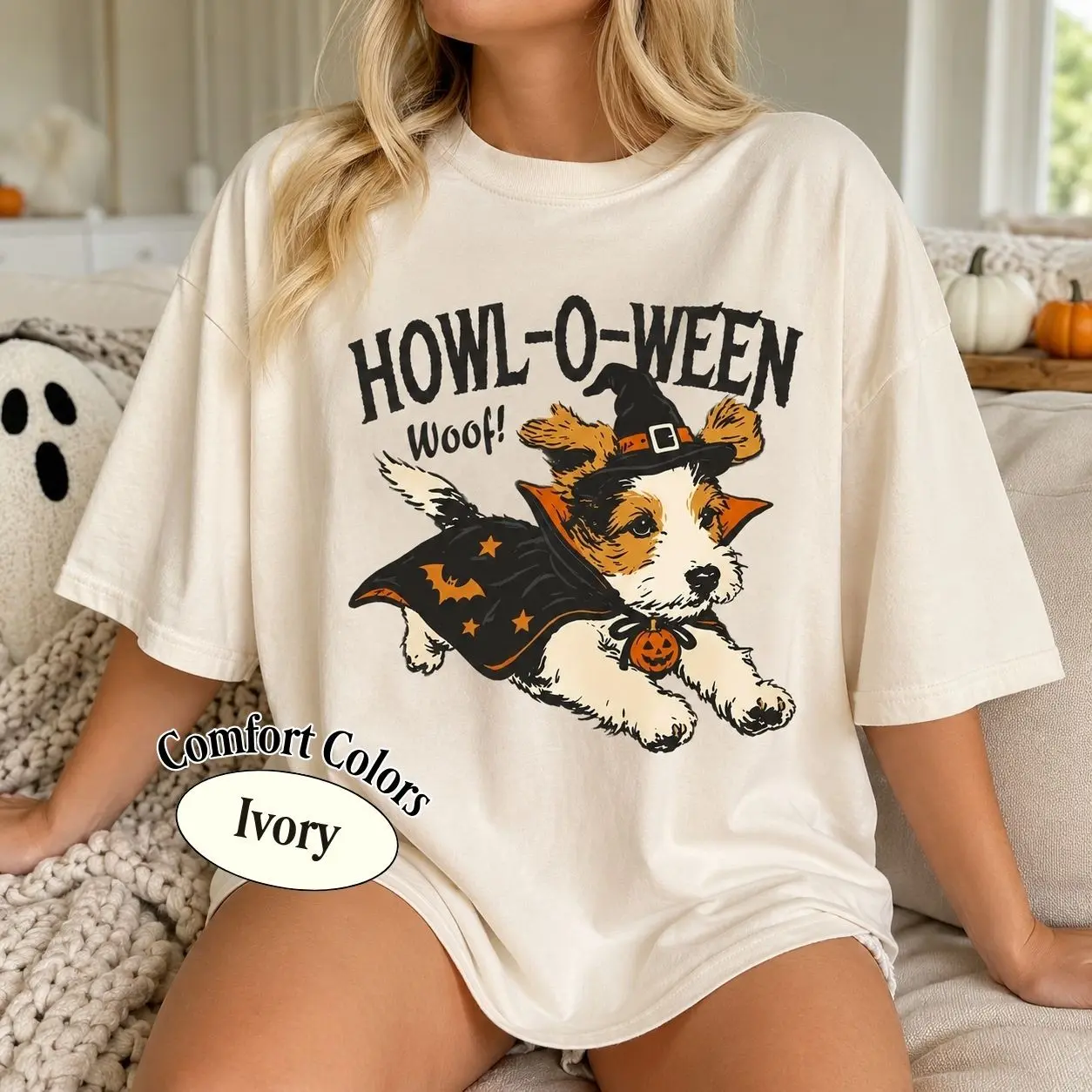 Comfort Colors Howl-O-Ween Dog Shirt, Cute Witch Puppy Halloween Tee, Funny Spooky Mom Fall Gift - photo 5