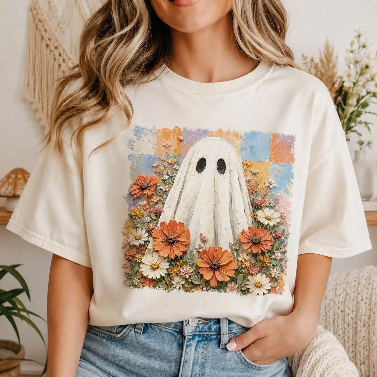 Comfort Colors Impasto Floral Sheet Ghost Shirt, Aesthetic Cottagecore Halloween Fall Tee for Women