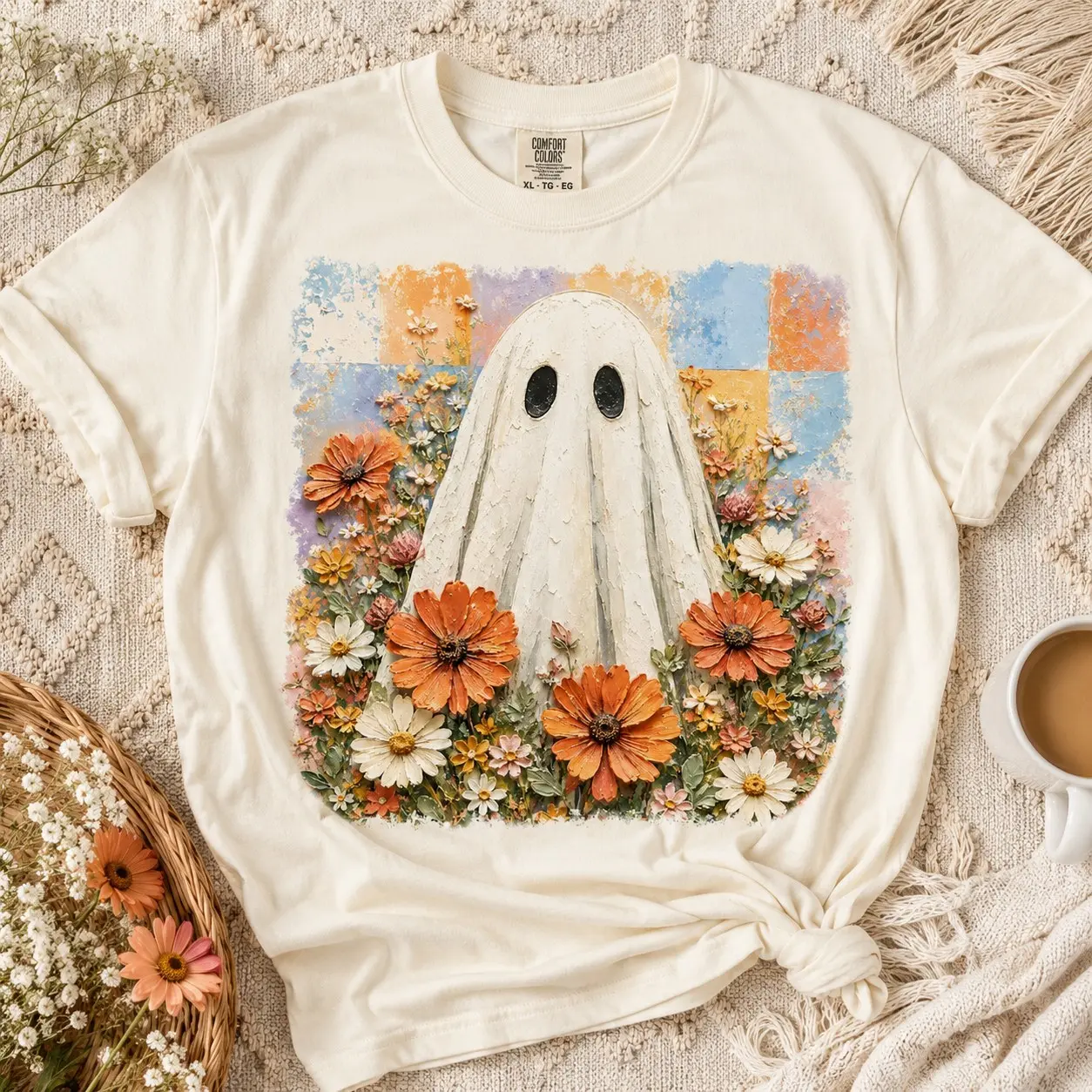 Comfort Colors Impasto Floral Sheet Ghost Shirt, Aesthetic Cottagecore Halloween Fall Tee for Women - photo 2