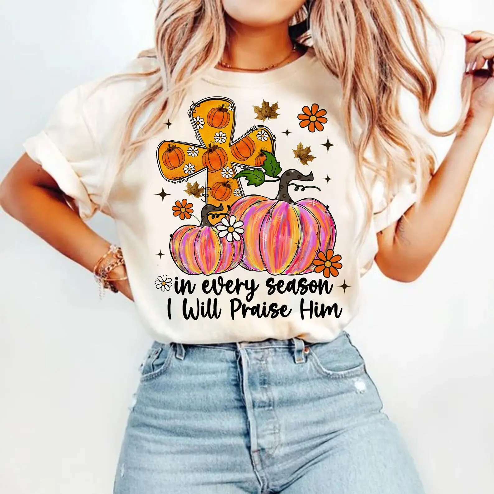 Comfort Colors In Every Season I Will Praise Him Shirt, Christian Bible Verse Pumpkin Pink Fall Tee