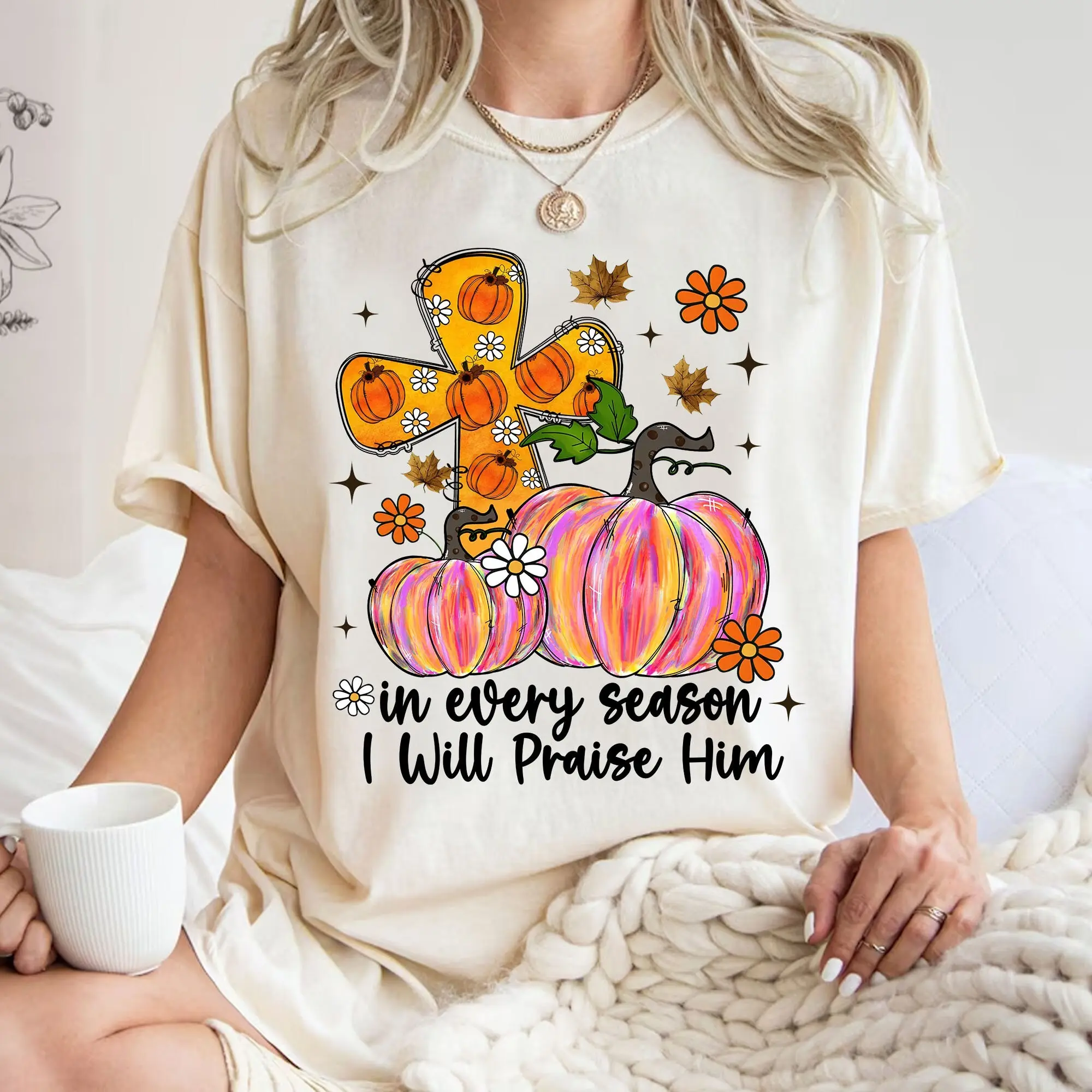 Comfort Colors In Every Season I Will Praise Him Shirt, Christian Bible Verse Pumpkin Pink Fall Tee - photo 2