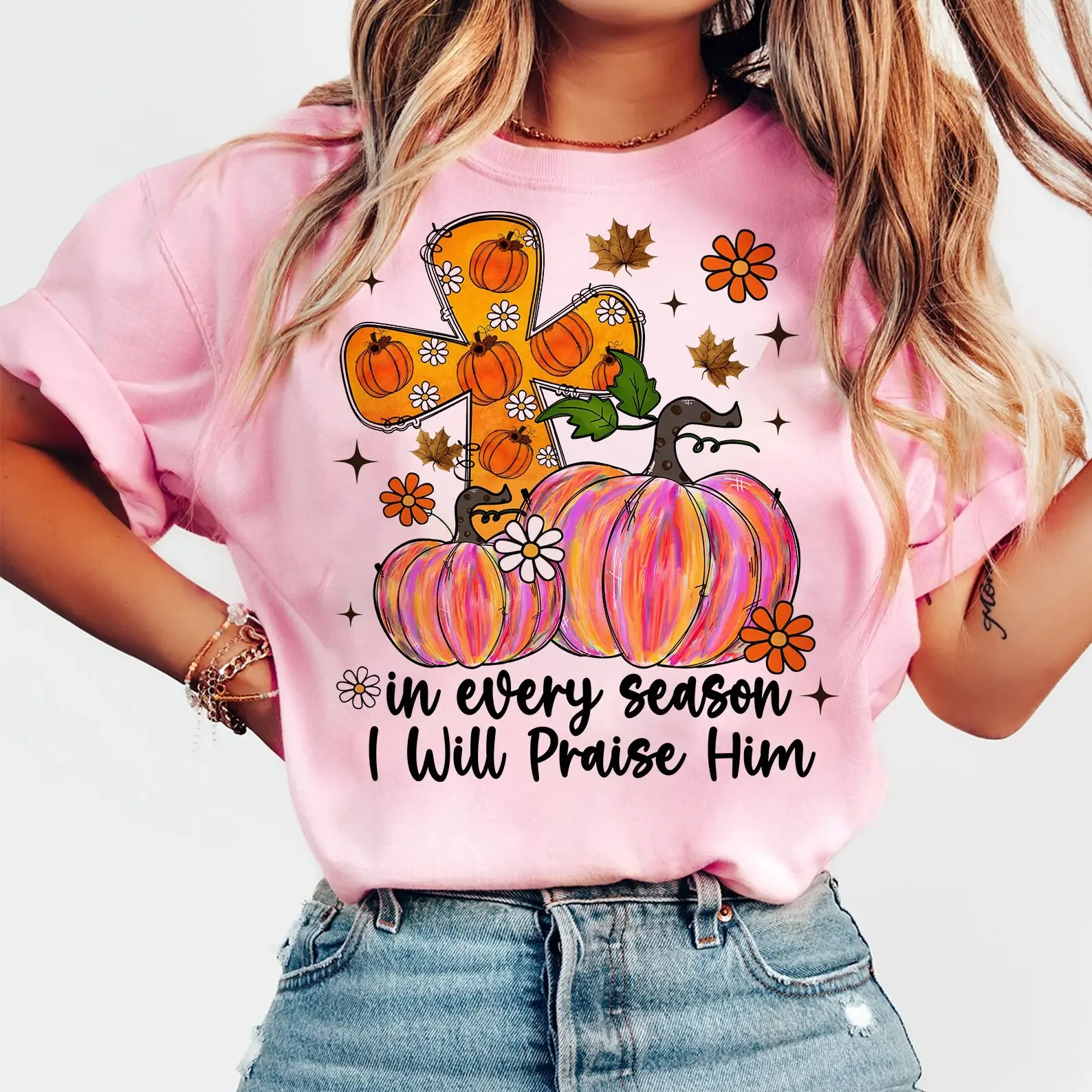 Comfort Colors In Every Season I Will Praise Him Shirt, Christian Bible Verse Pumpkin Pink Fall Tee - photo 5