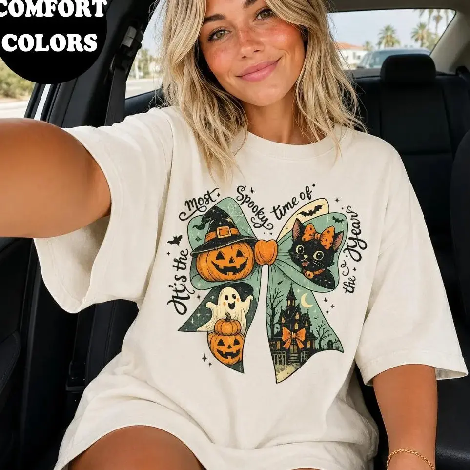 Comfort Colors It's the Most Spooky Time of the Year Shirt, Halloween Bow Tee, Cute Black Cat Ghost Pumpkin Vintage Top