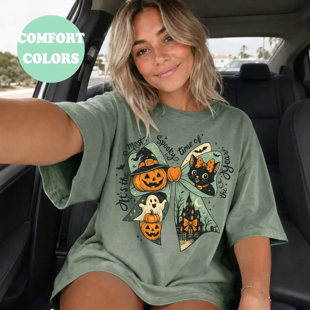 Comfort Colors It's the Most Spooky Time of the Year Shirt, Halloween Bow Tee, Cute Black Cat Ghost Pumpkin Vintage Top - photo 2
