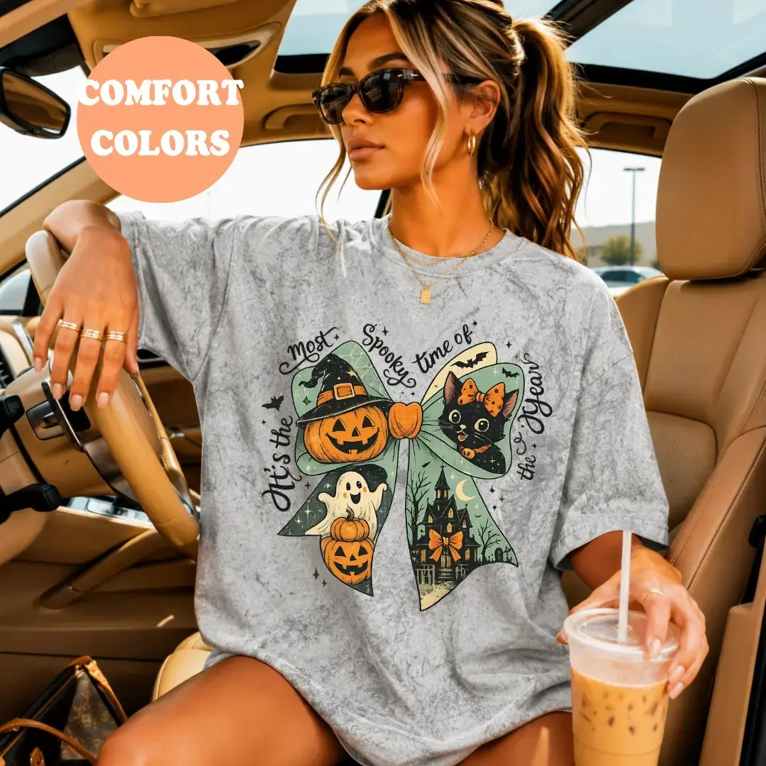 Comfort Colors It's the Most Spooky Time of the Year Shirt, Halloween Bow Tee, Cute Black Cat Ghost Pumpkin Vintage Top - photo 3
