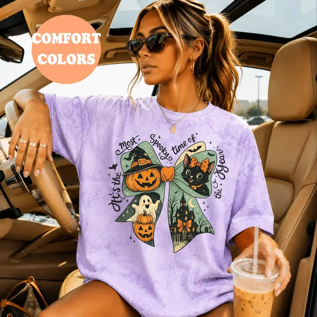 Comfort Colors It's the Most Spooky Time of the Year Shirt, Halloween Bow Tee, Cute Black Cat Ghost Pumpkin Vintage Top - photo 4