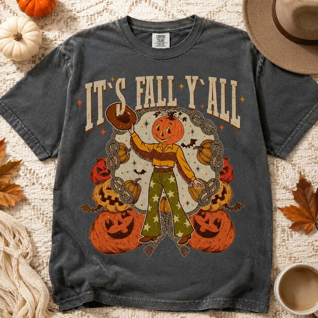 Comfort Colors Its Fall Yall Pumpkin Cowboy Shirt for Women, Rustic Western Autumn Graphic Tee, October Birthday Gift - photo 2