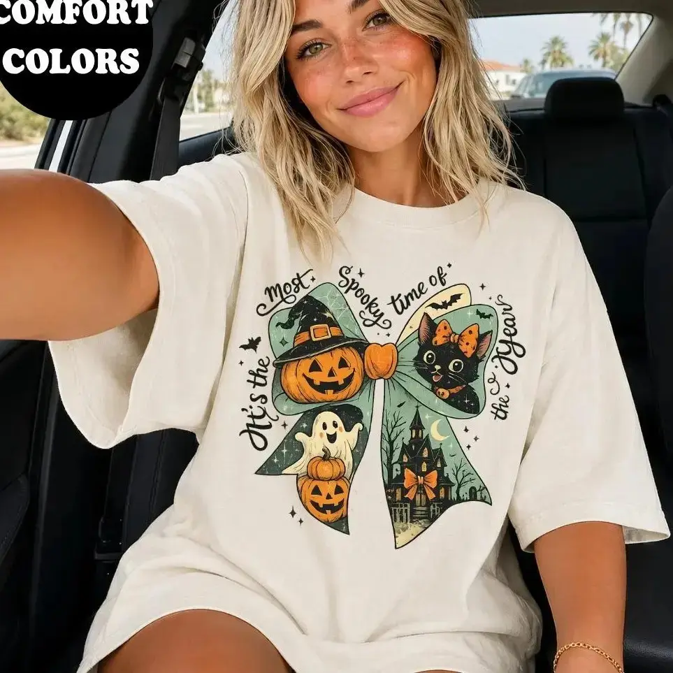 Comfort Colors Its the Most Spooky Time of the Year Shirt, Womens Halloween Bow Black Cat Ghost Pumpkin Vintage Tee - photo 2
