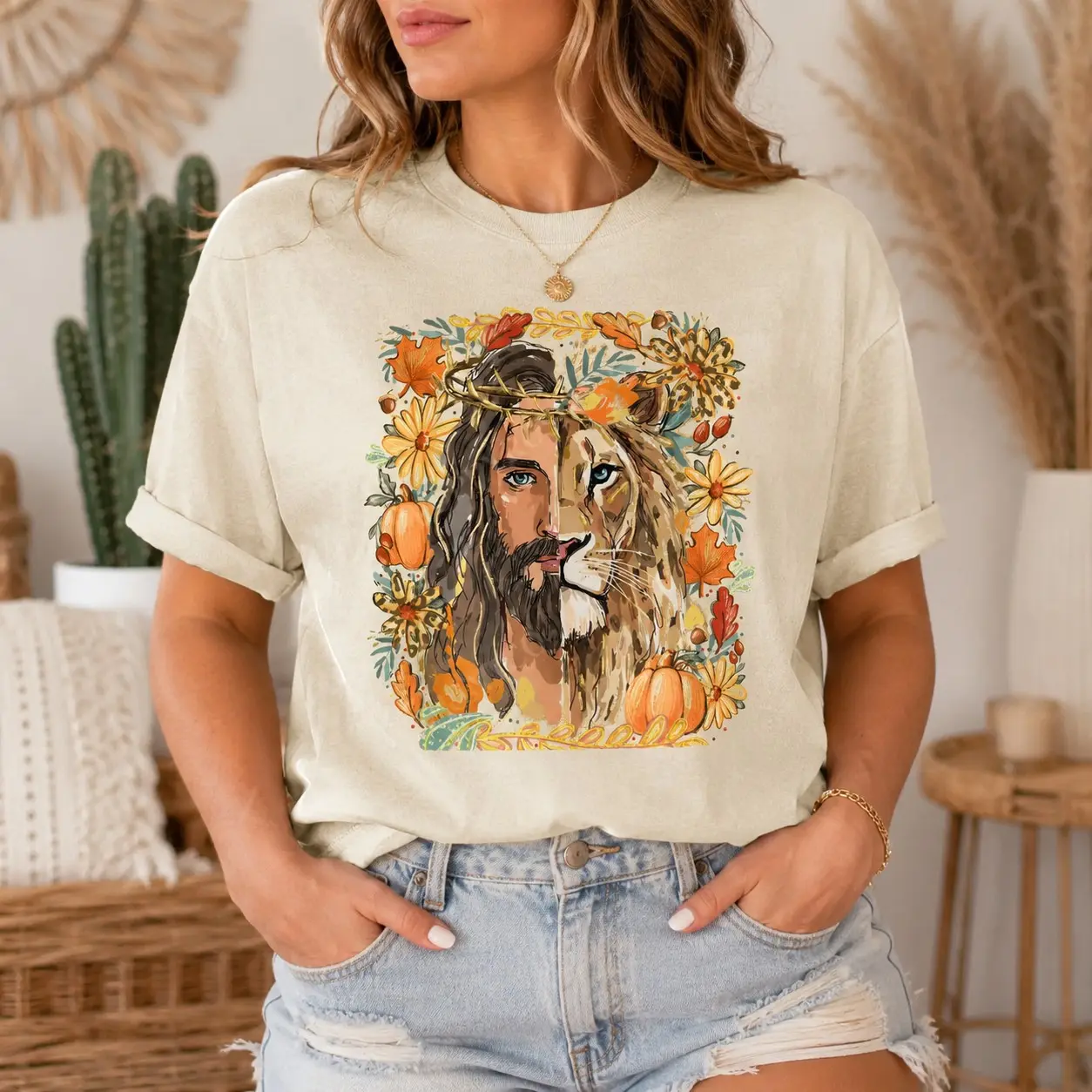 Comfort Colors Jesus Lion Pumpkin Patch Shirt, Vintage Christian Autumn Thanksgiving Fall Graphic Tee