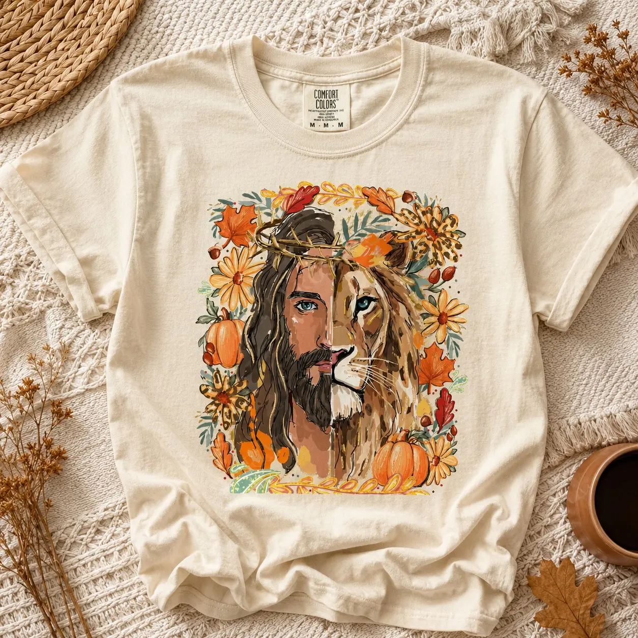 Comfort Colors Jesus Lion Pumpkin Patch Shirt, Vintage Christian Autumn Thanksgiving Fall Graphic Tee - photo 2