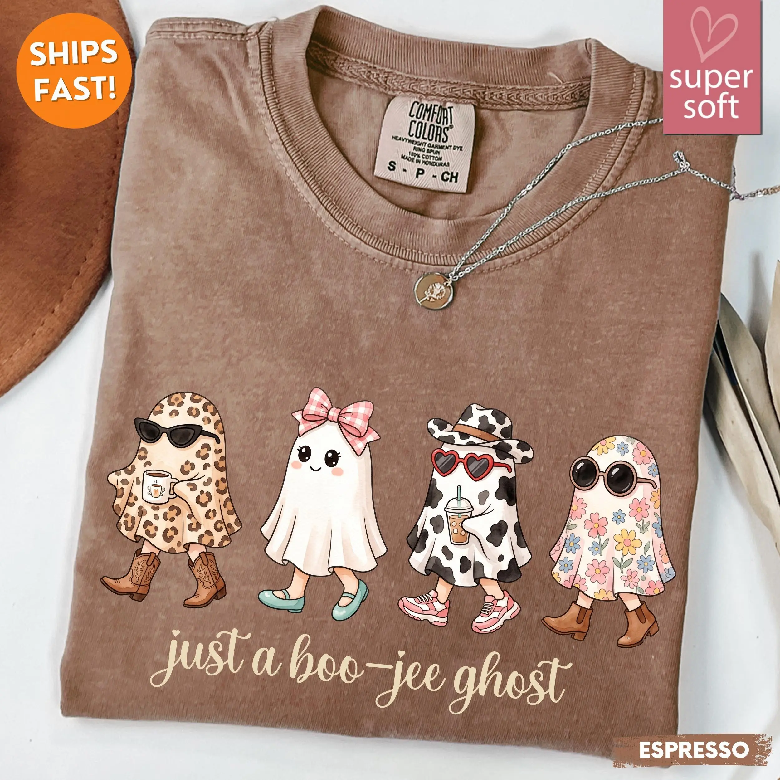 Comfort Colors Just a Boo Jee Ghost Sweatshirt, Leopard Cow Print Coffee Girly Halloween Fall Graphic Top
