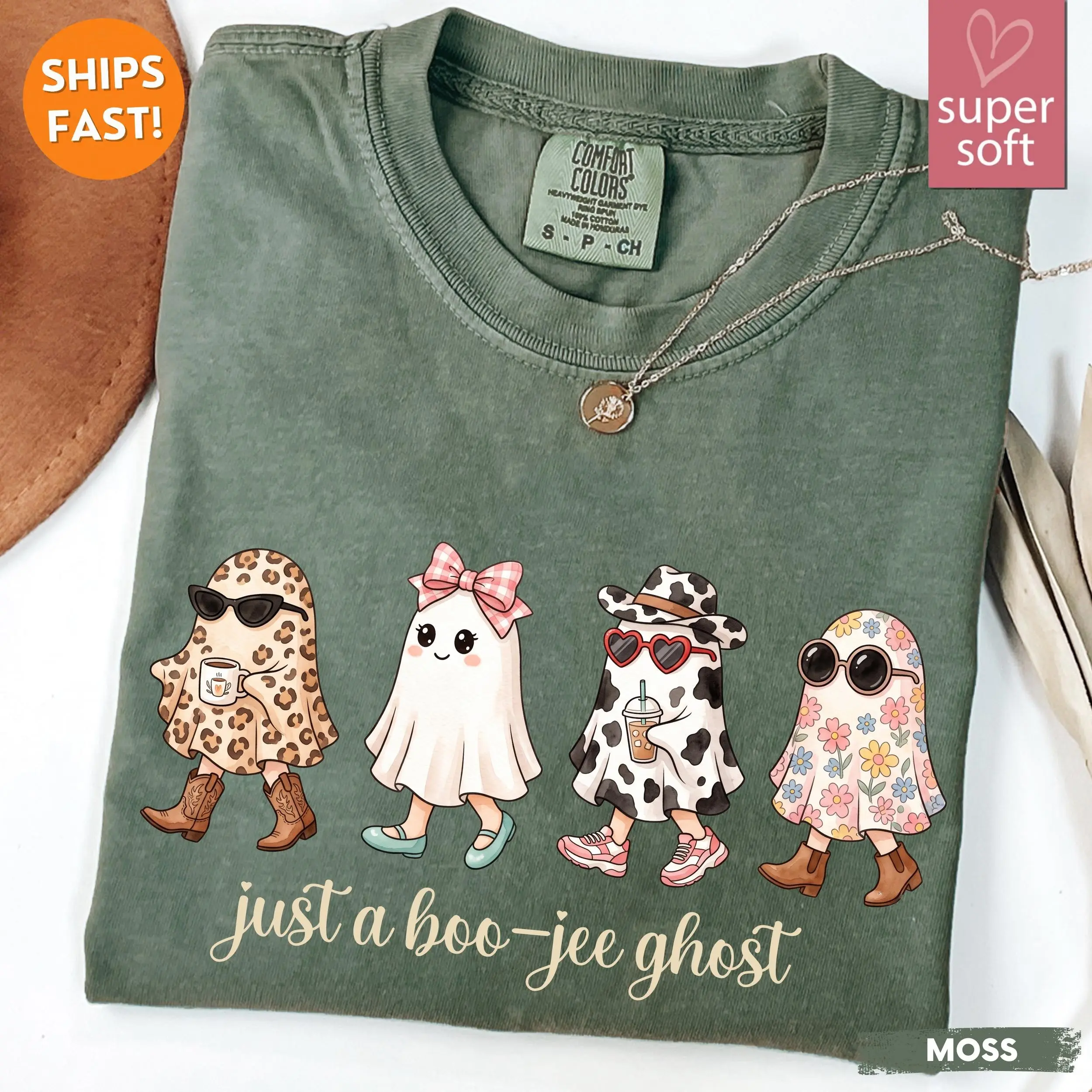 Comfort Colors Just a Boo Jee Ghost Sweatshirt, Leopard Cow Print Coffee Girly Halloween Fall Graphic Top - photo 2