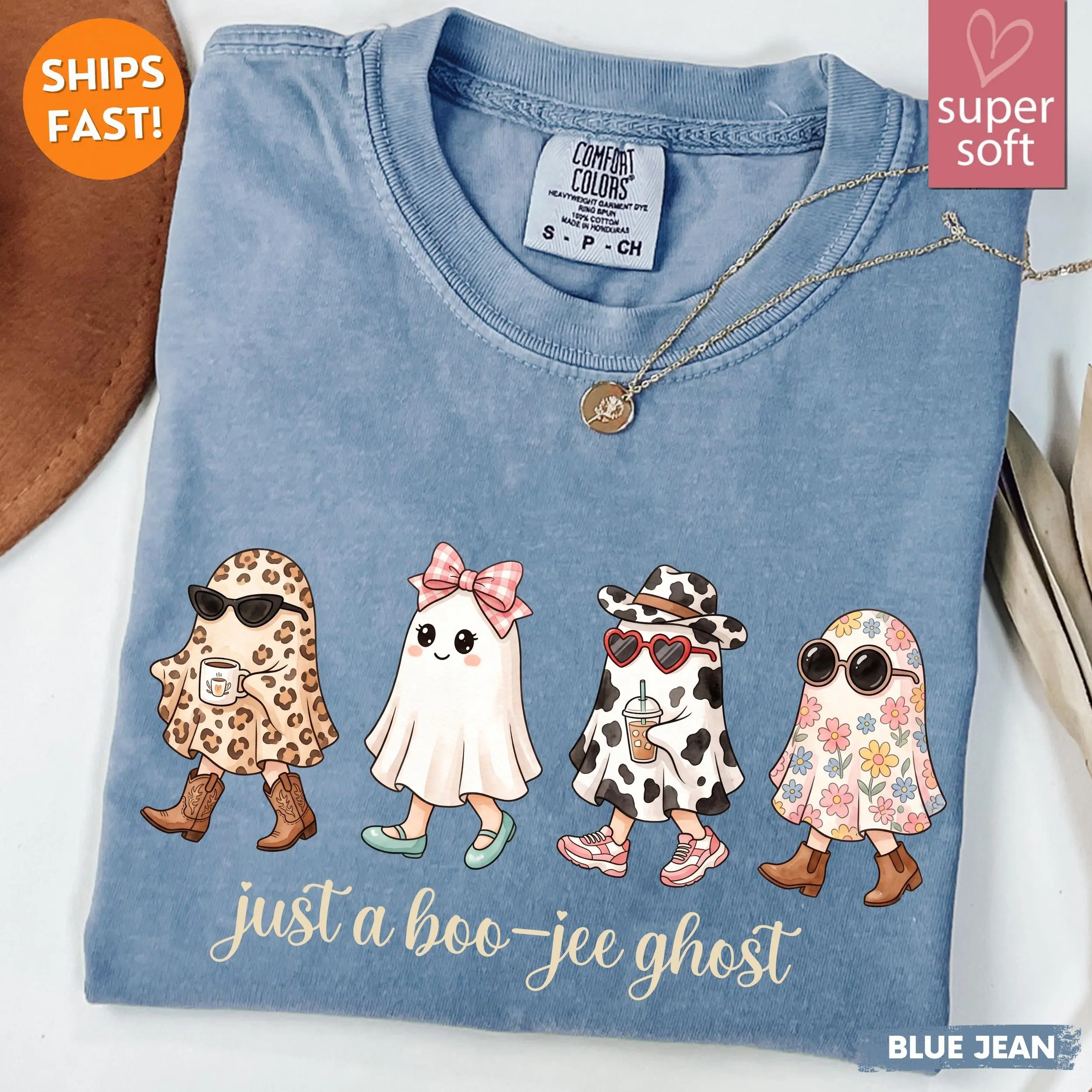 Comfort Colors Just a Boo Jee Ghost Sweatshirt, Leopard Cow Print Coffee Girly Halloween Fall Graphic Top - photo 3