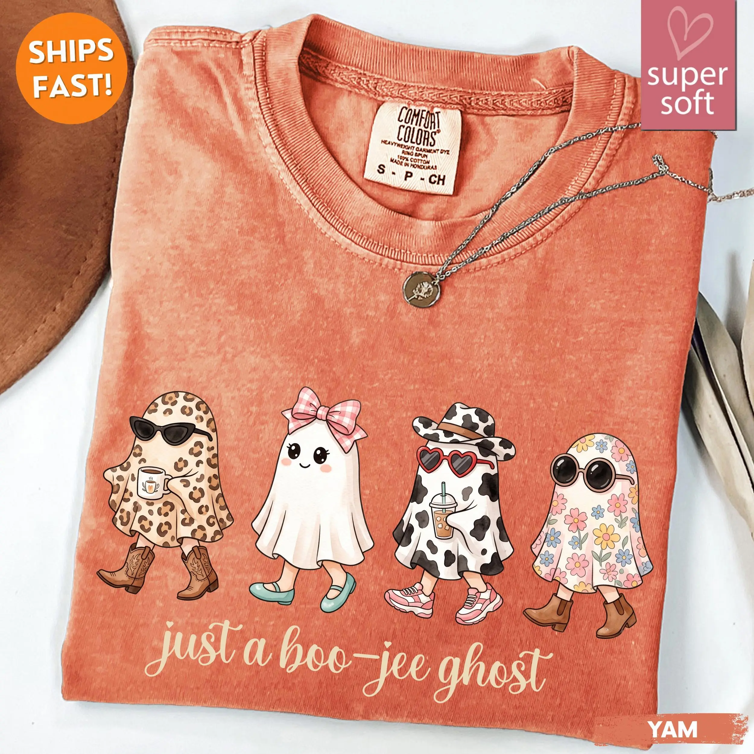 Comfort Colors Just a Boo Jee Ghost Sweatshirt, Leopard Cow Print Coffee Girly Halloween Fall Graphic Top - photo 4