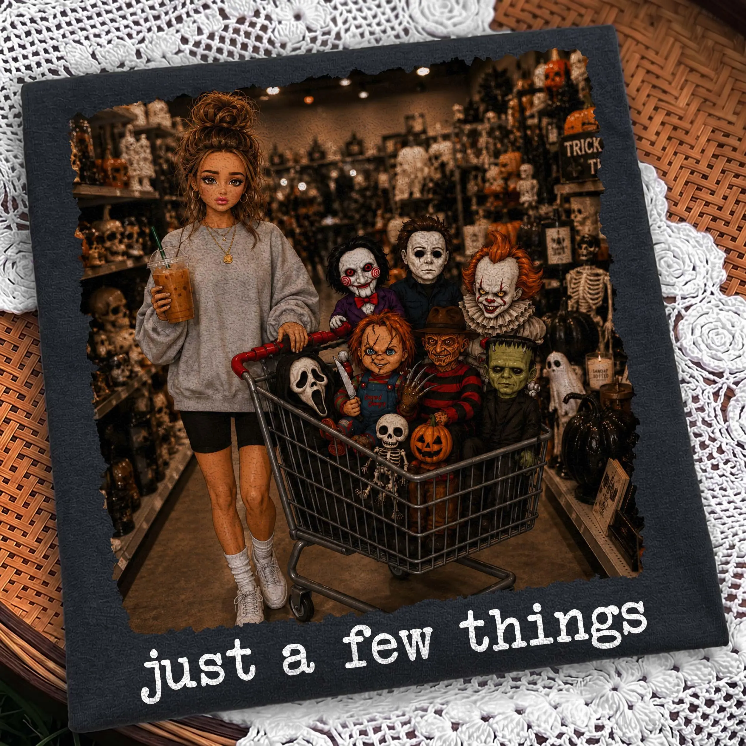 Comfort Colors Just A Few Things Horror Shopping Shirt, Slasher Villains Cart Halloween Graphic Tee