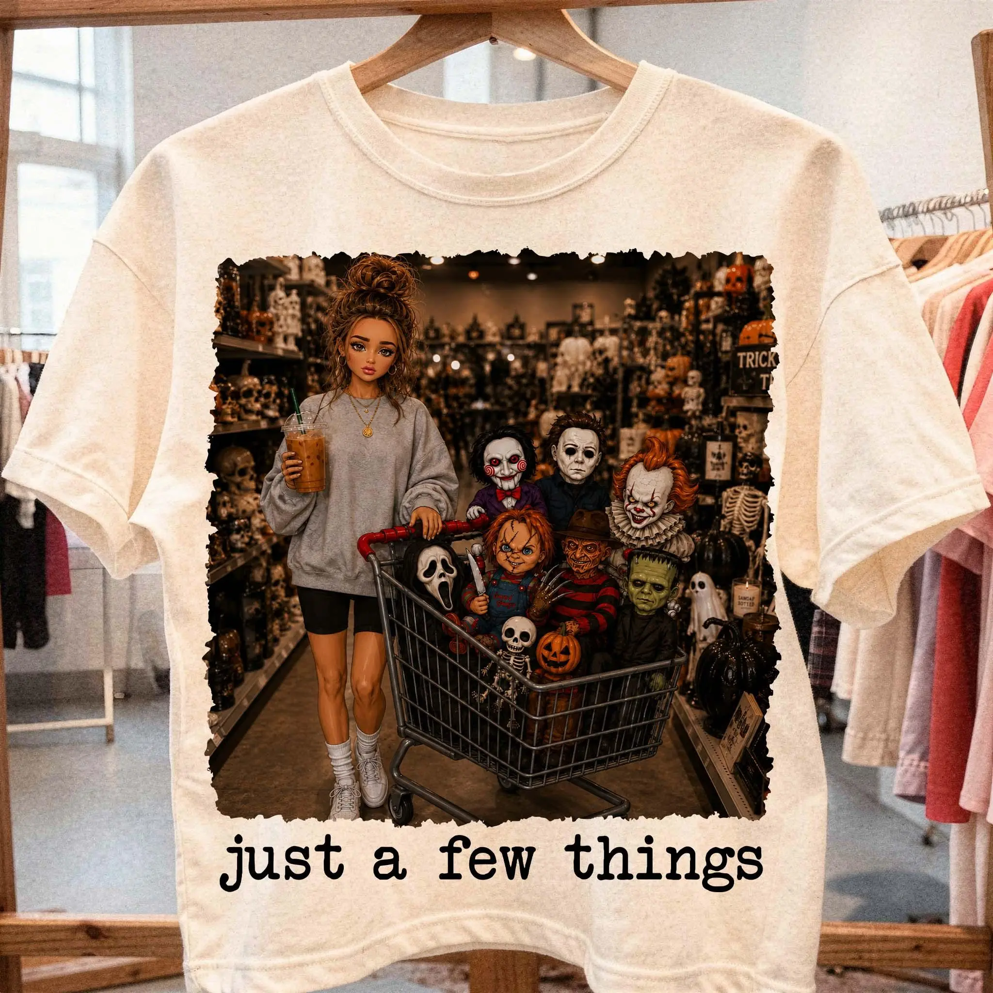 Comfort Colors Just A Few Things Horror Shopping Shirt, Slasher Villains Cart Halloween Graphic Tee - photo 2