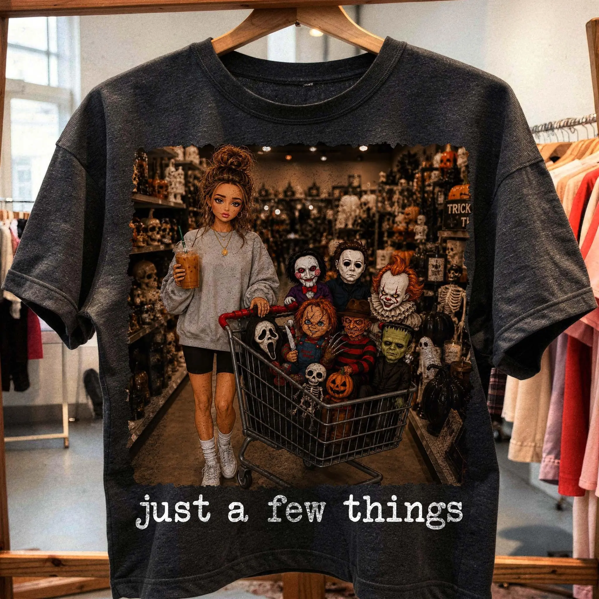 Comfort Colors Just A Few Things Horror Shopping Shirt, Slasher Villains Cart Halloween Graphic Tee - photo 3