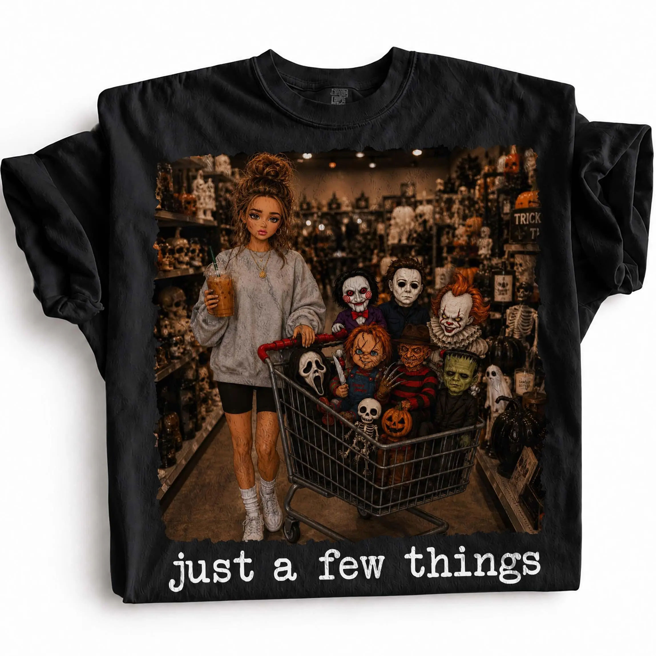 Comfort Colors Just A Few Things Horror Shopping Shirt, Slasher Villains Cart Halloween Graphic Tee - photo 4