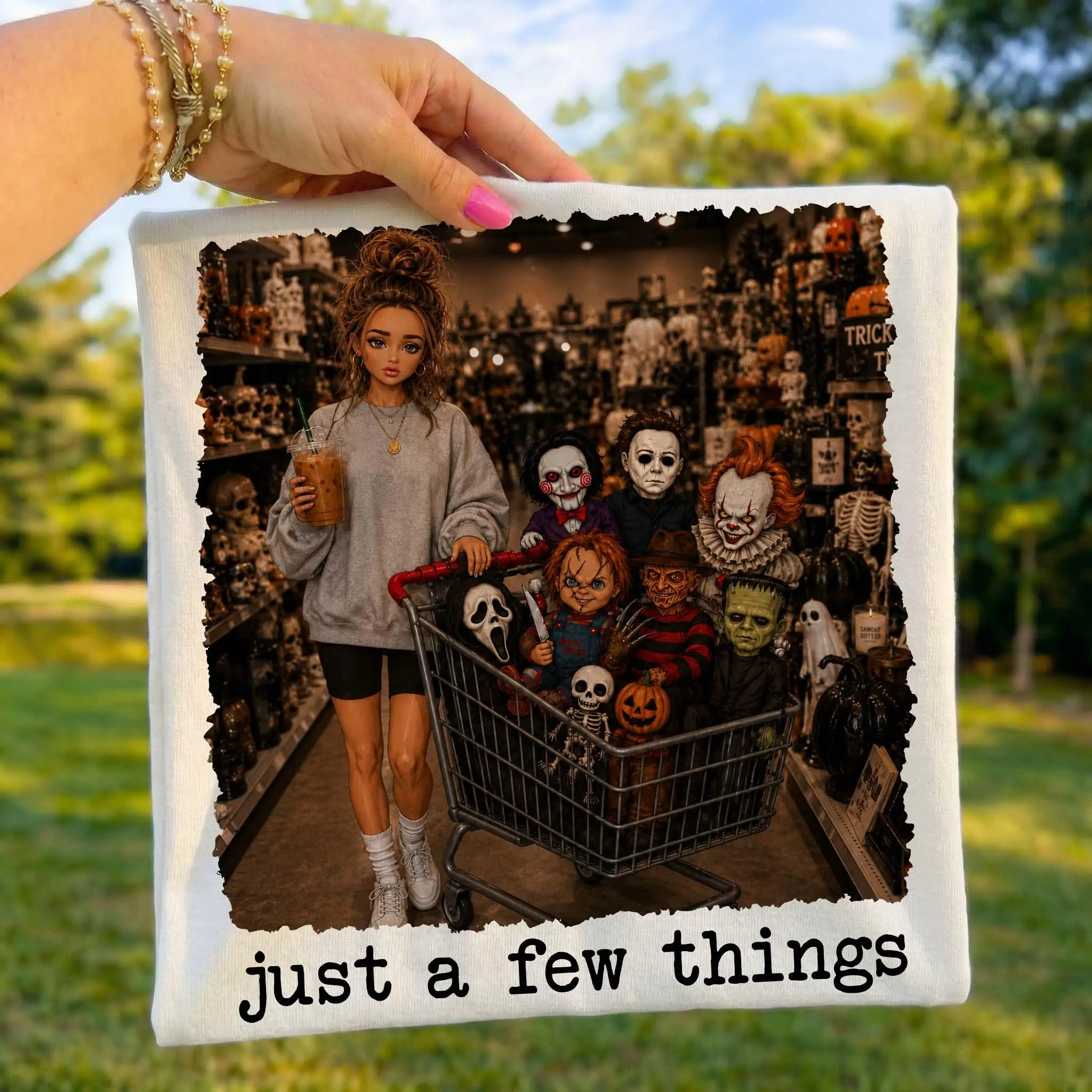 Comfort Colors Just A Few Things Horror Shopping Shirt, Slasher Villains Cart Halloween Graphic Tee - photo 5
