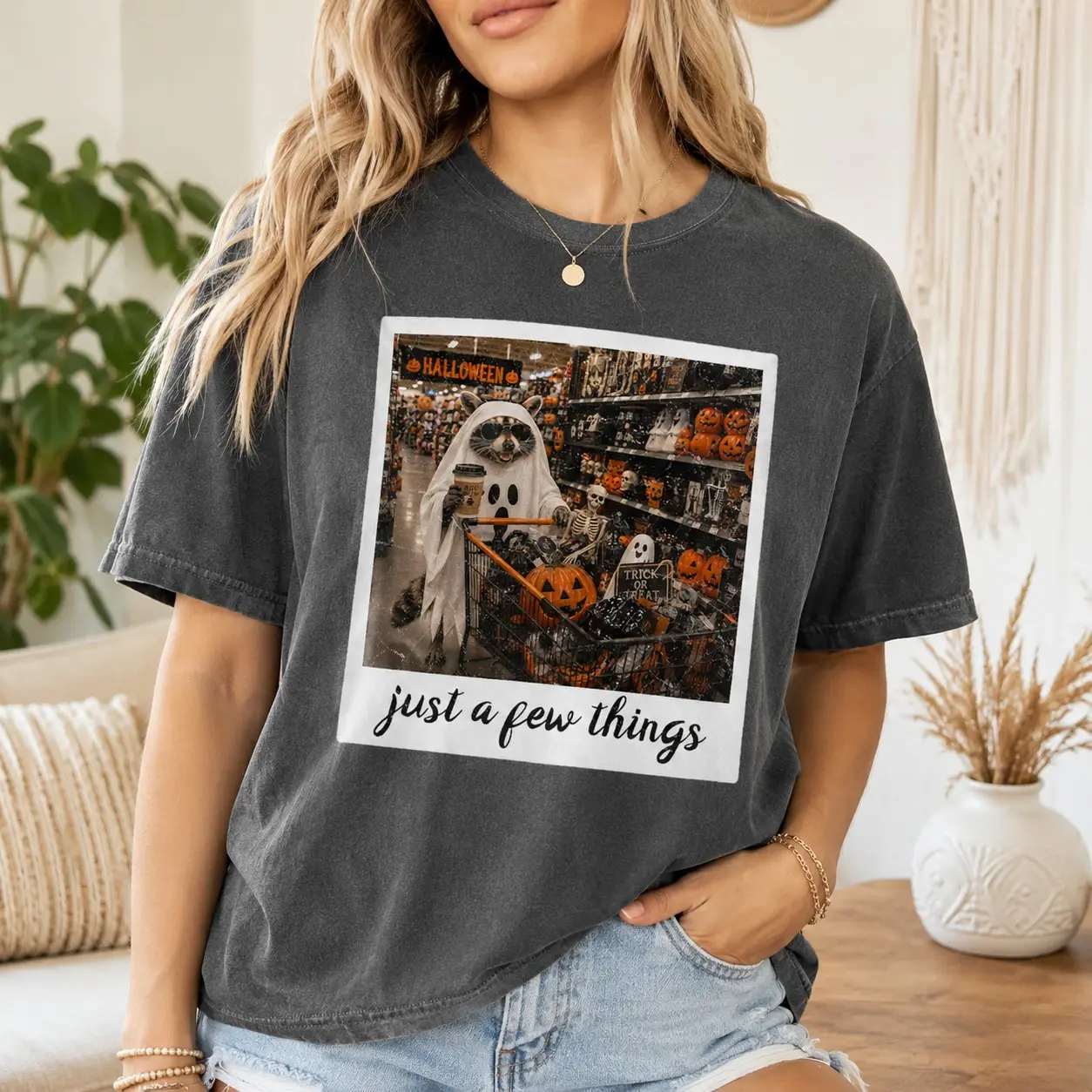 Comfort Colors Just a Few Things Raccoon Ghost Shopping Shirt, Halloween Night Short Sleeve Tee for Men and Women