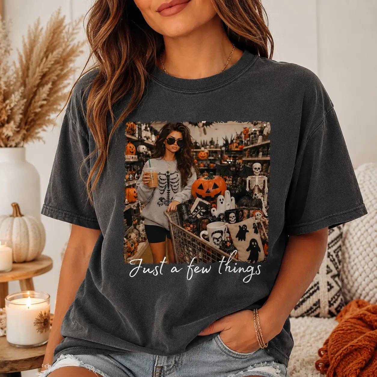Comfort Colors Just a Few Things Skeleton Shopping Cart Shirt, Vintage Halloween Tee for Women