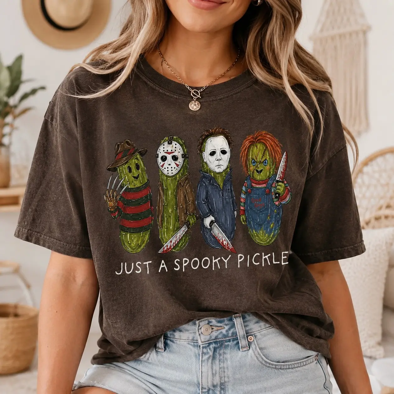Comfort Colors Just a Spooky Pickle Shirt, Funny Horror Movie Killers Graphic Tee for Women, Halloween Party October Birthday Gift