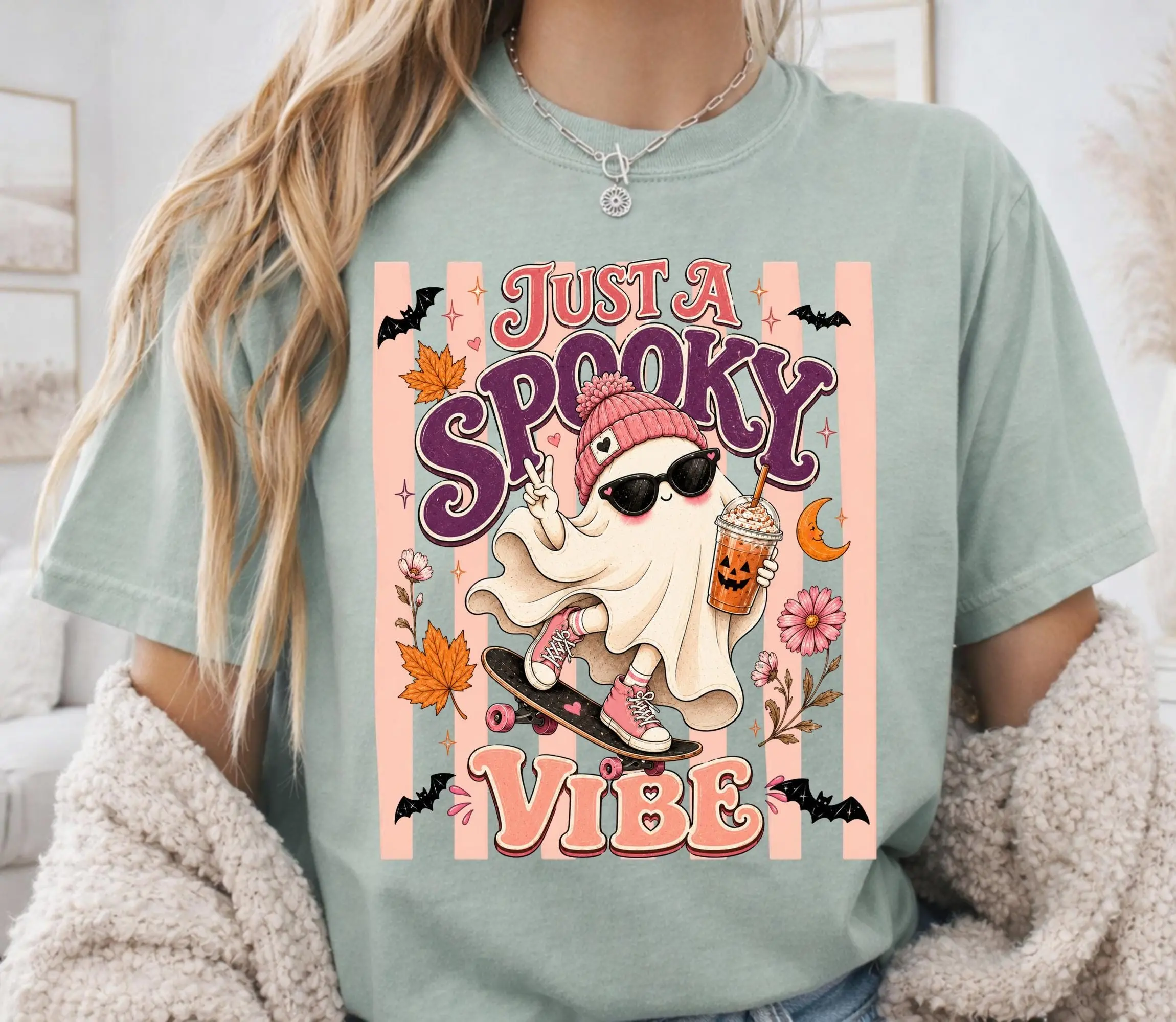 Comfort Colors Just A Spooky Vibe Shirt, Cute Pink Ghost Halloween Graphic Tee, Fall Coffee Autumn Gift for Women