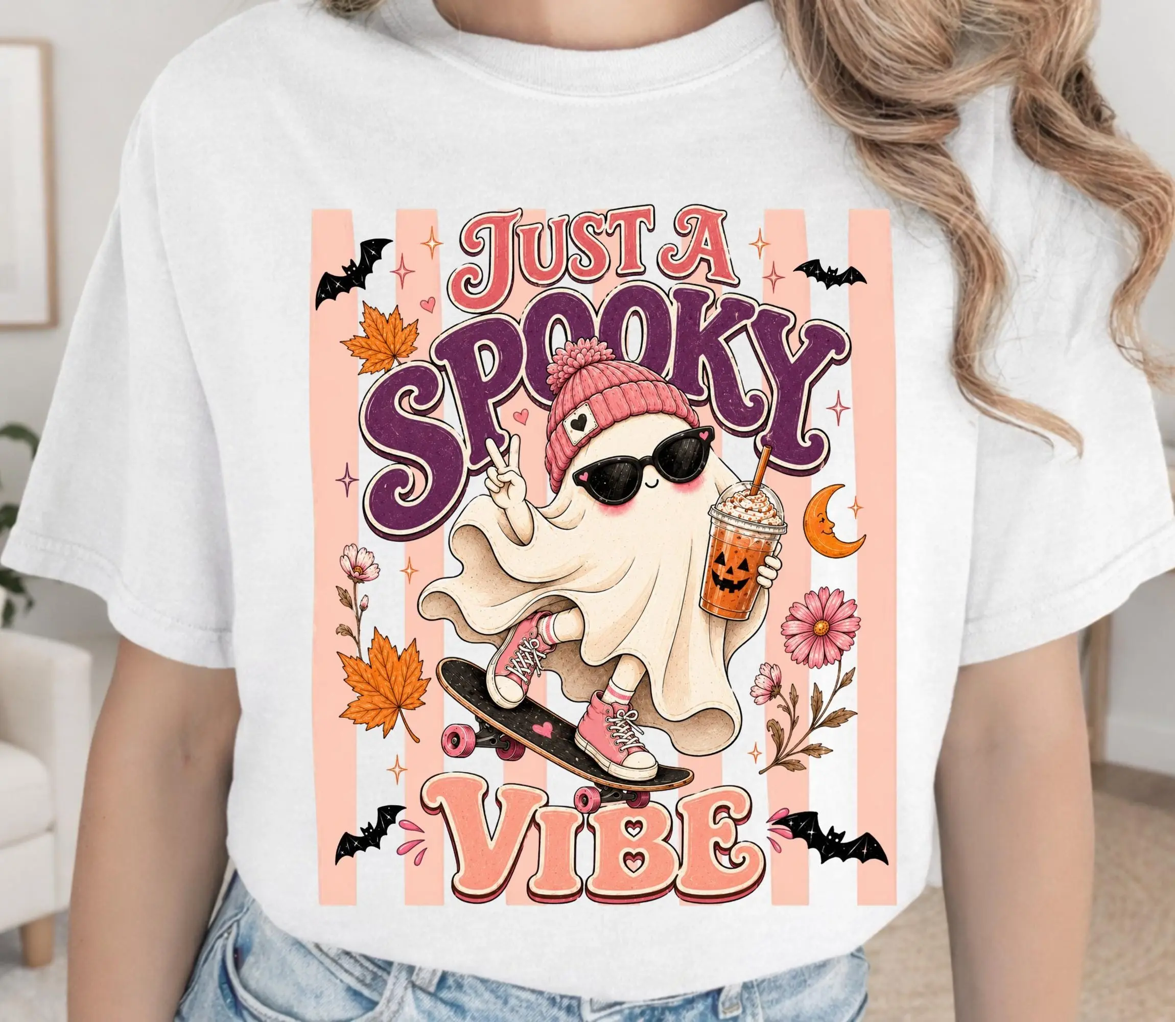 Comfort Colors Just A Spooky Vibe Shirt, Cute Pink Ghost Halloween Graphic Tee, Fall Coffee Autumn Gift for Women - photo 2