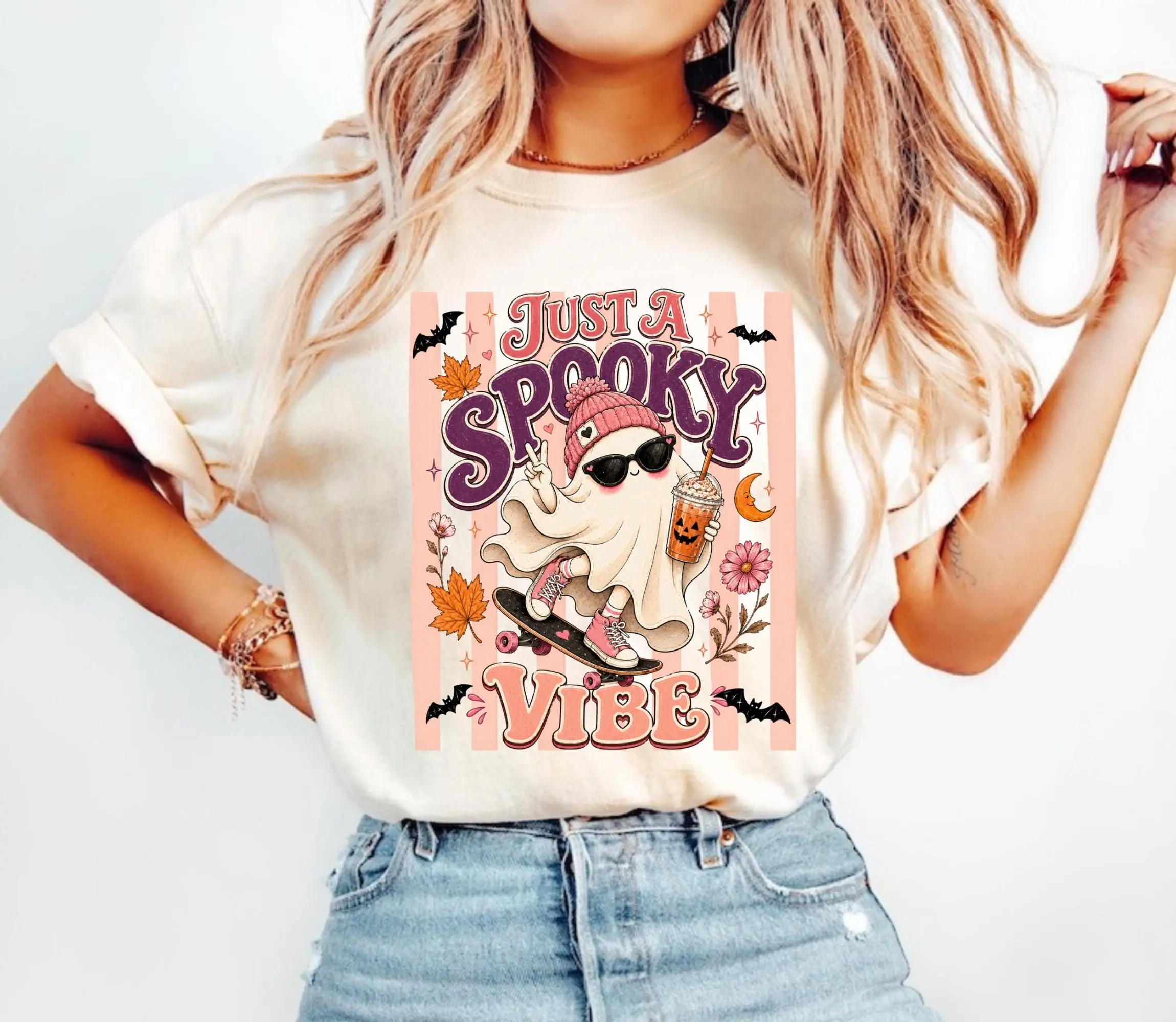 Comfort Colors Just A Spooky Vibe Shirt, Cute Pink Ghost Halloween Graphic Tee, Fall Coffee Autumn Gift for Women - photo 3