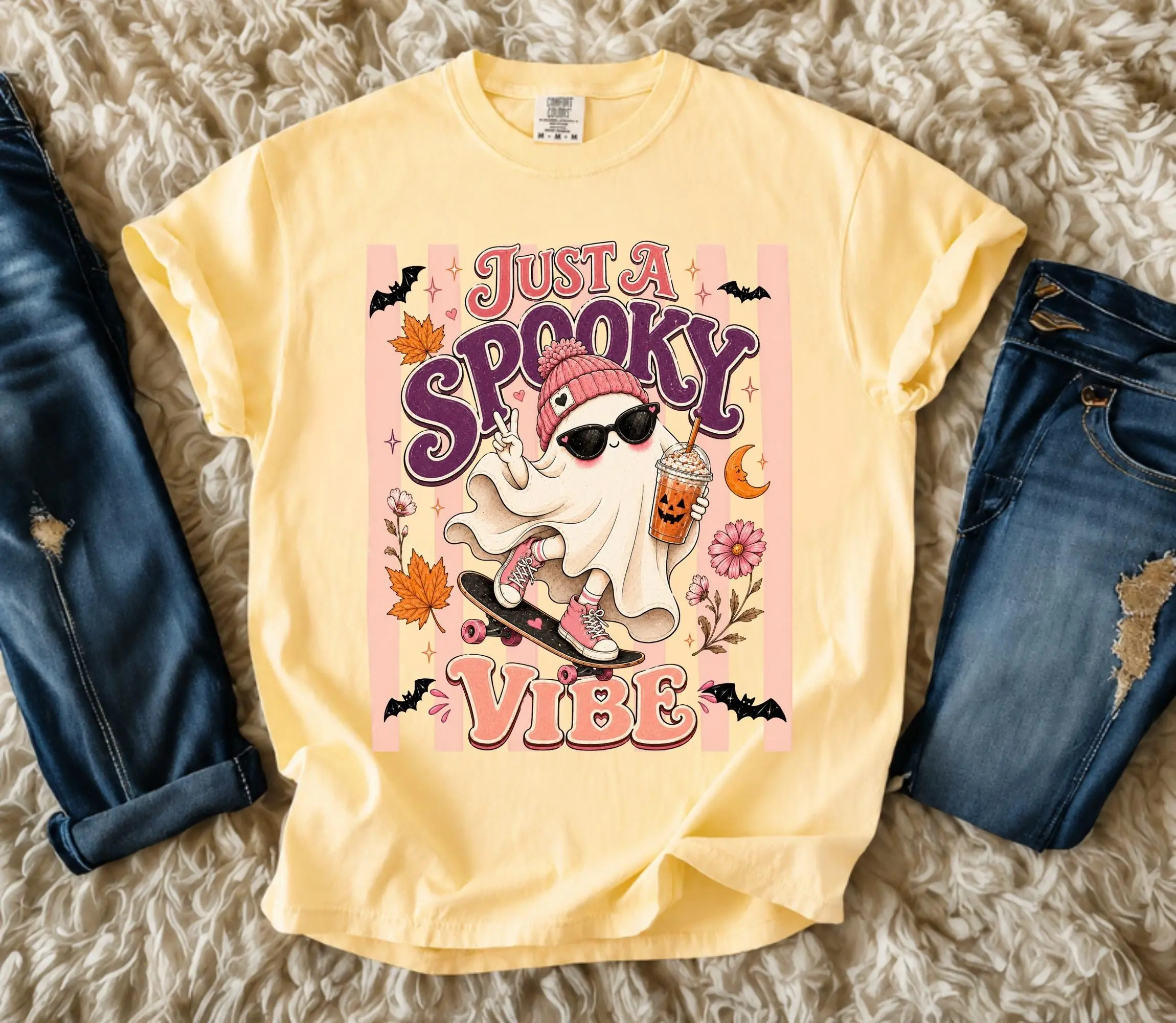Comfort Colors Just A Spooky Vibe Shirt, Cute Pink Ghost Halloween Graphic Tee, Fall Coffee Autumn Gift for Women - photo 4