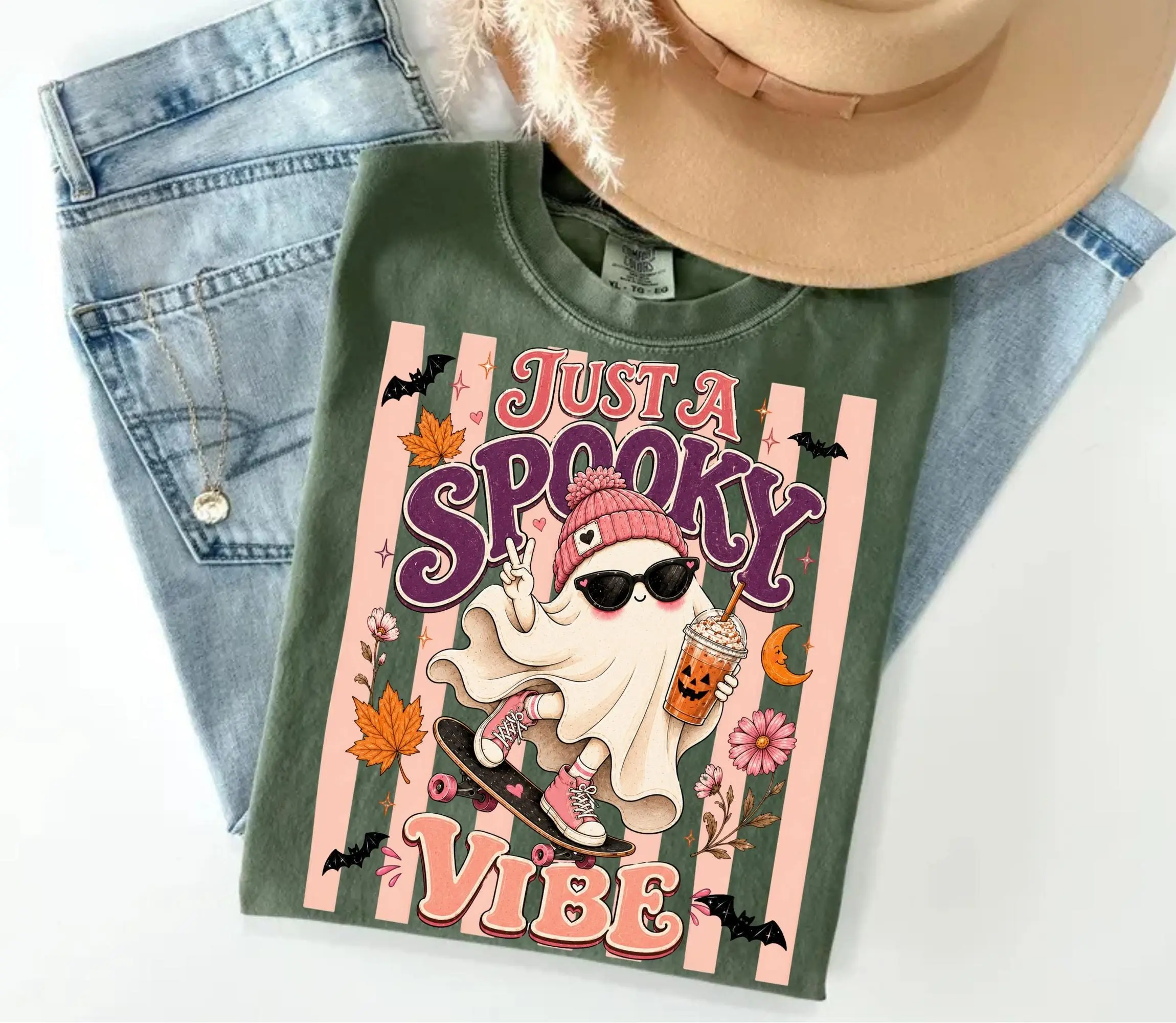 Comfort Colors Just A Spooky Vibe Shirt, Cute Pink Ghost Halloween Graphic Tee, Fall Coffee Autumn Gift for Women - photo 5