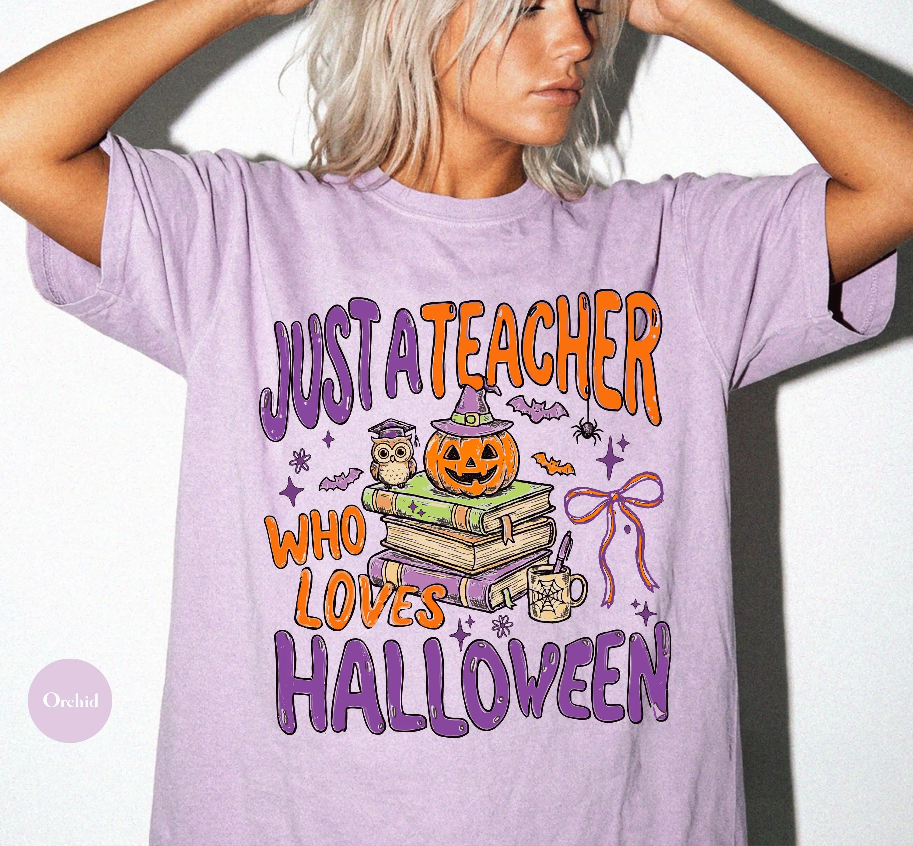 Comfort Colors Just A Teacher Who Loves Halloween Shirt, Funny Retro Ghost Graphic Tee