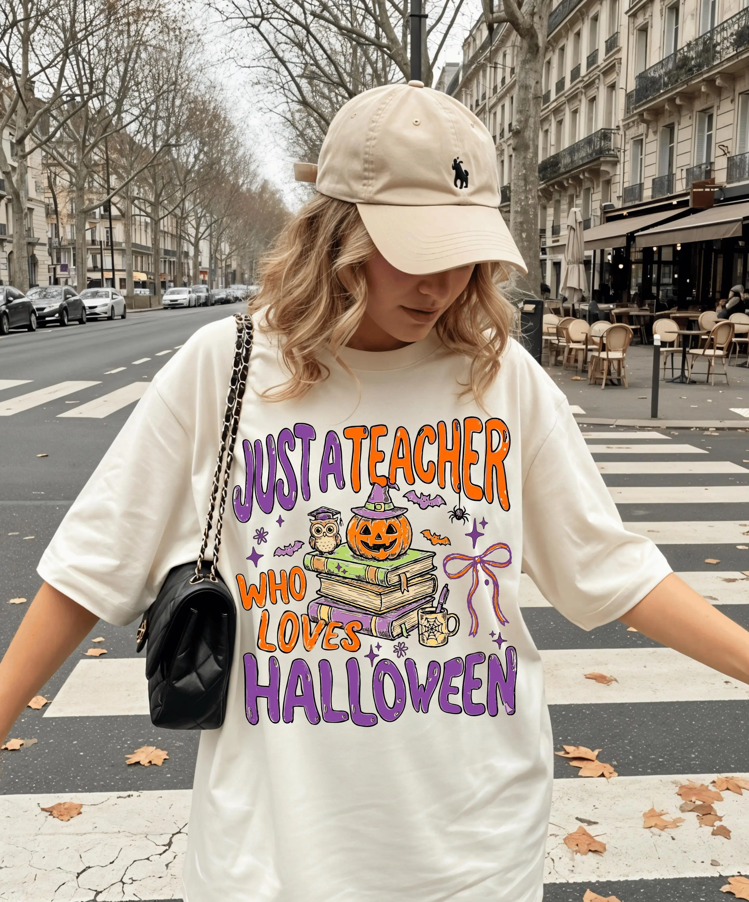 Comfort Colors Just A Teacher Who Loves Halloween Shirt, Funny Retro Ghost Graphic Tee - photo 2