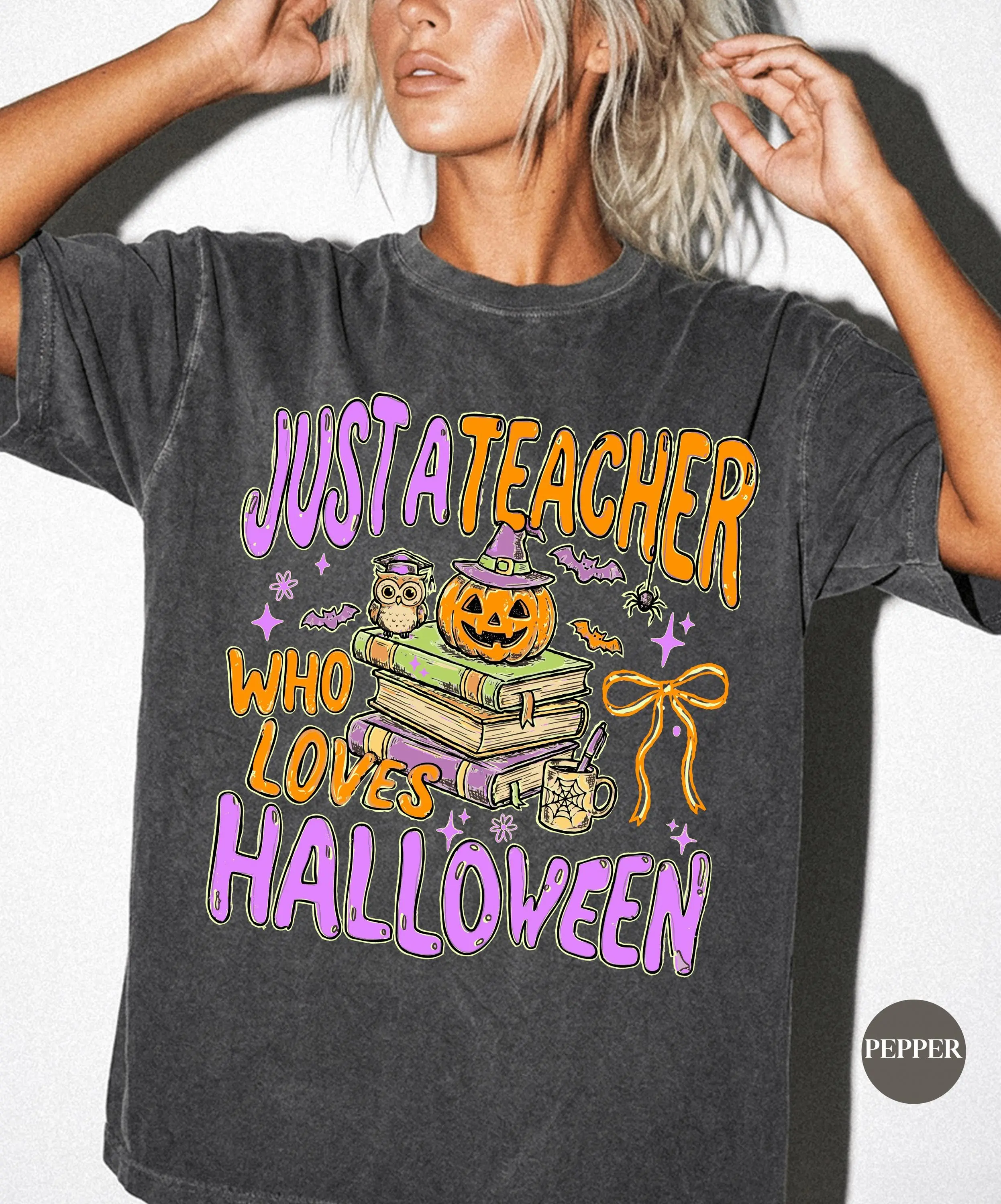 Comfort Colors Just A Teacher Who Loves Halloween Shirt, Funny Retro Ghost Graphic Tee - photo 3